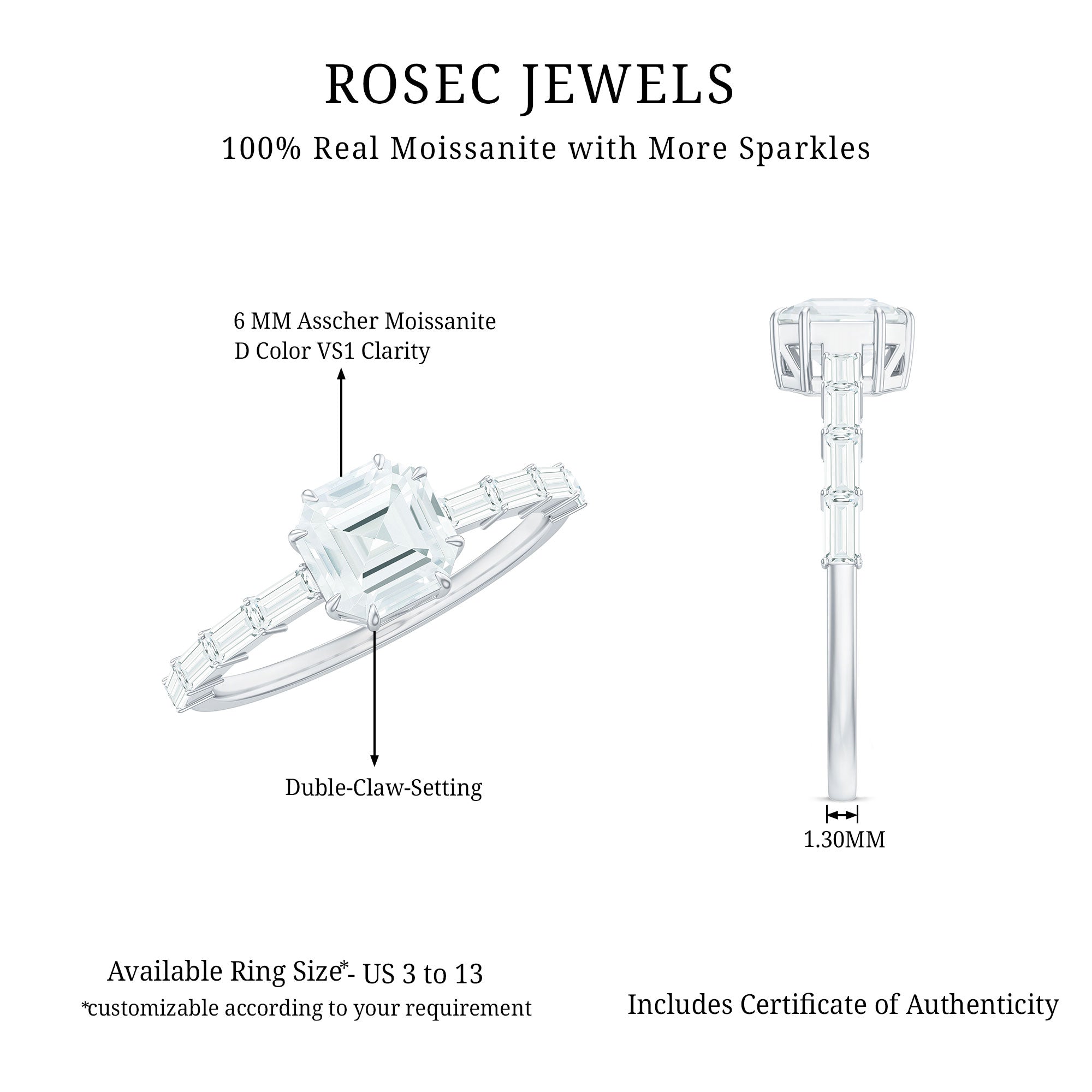 Asscher Cut Moissanite Engagement Ring with Baguette Side Stones D-VS1 - Rosec Jewels