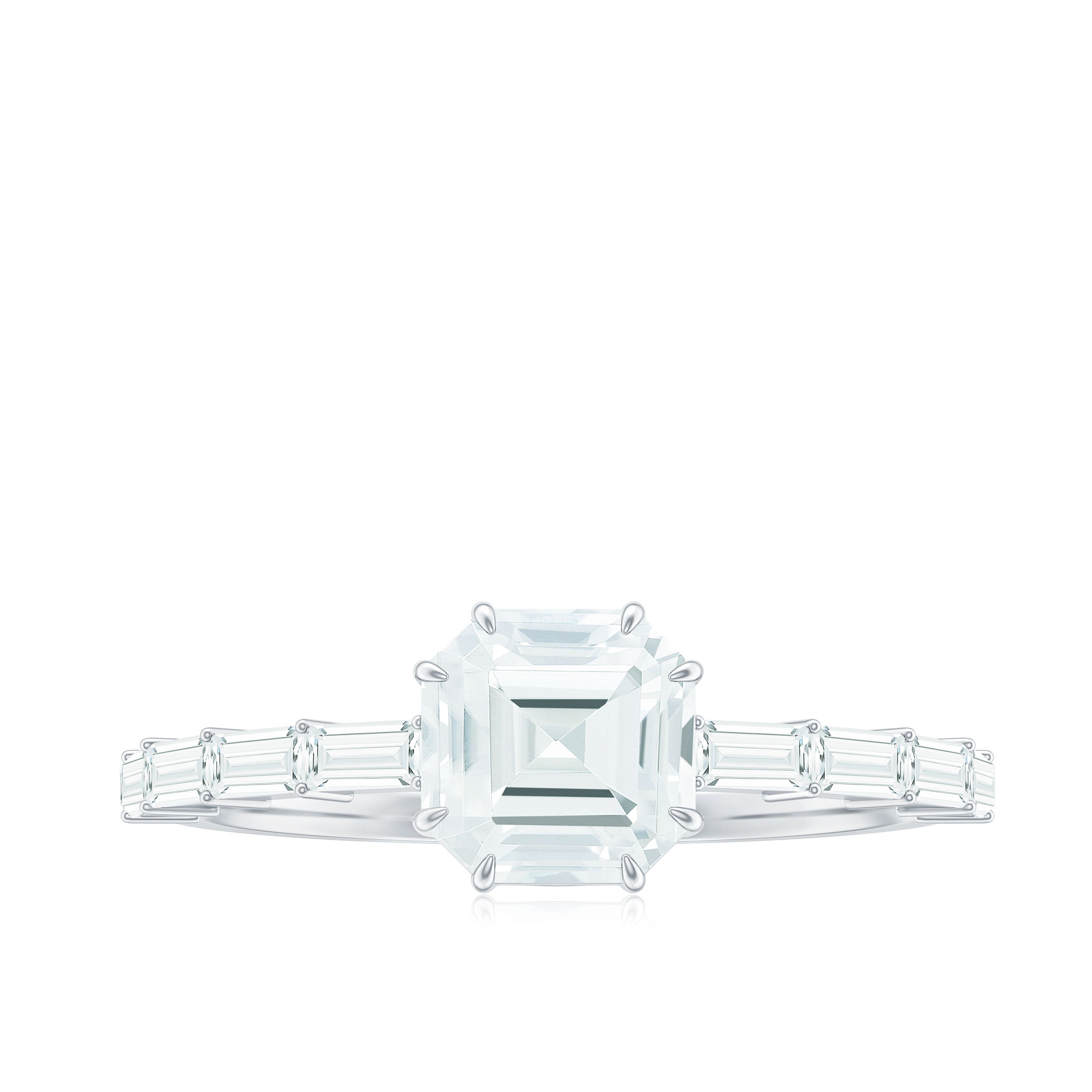 Asscher Cut Moissanite Engagement Ring with Baguette Side Stones D-VS1 - Rosec Jewels