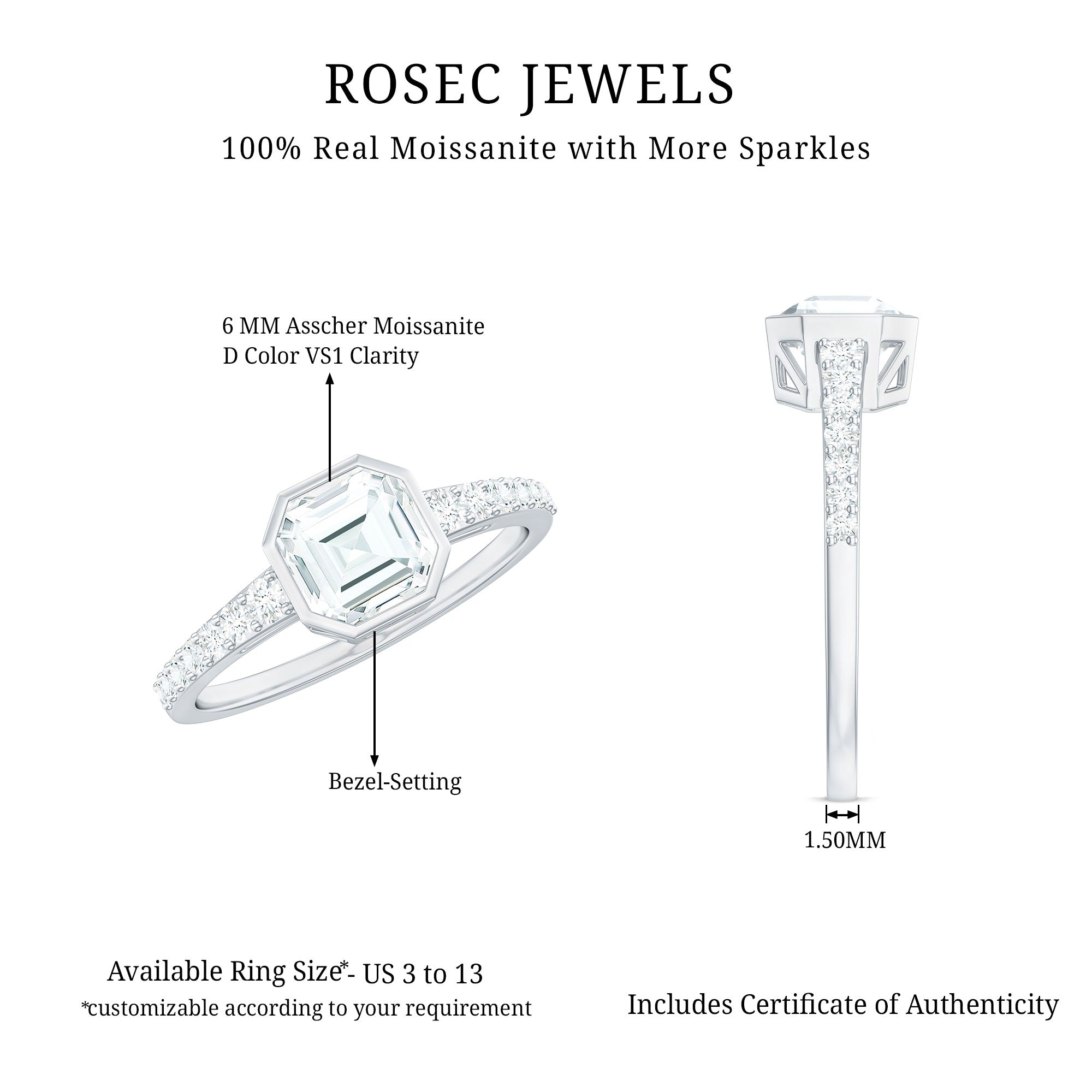Asscher Cut Moissanite Solitaire Engagement Ring in Bezel Setting D-VS1 - Rosec Jewels