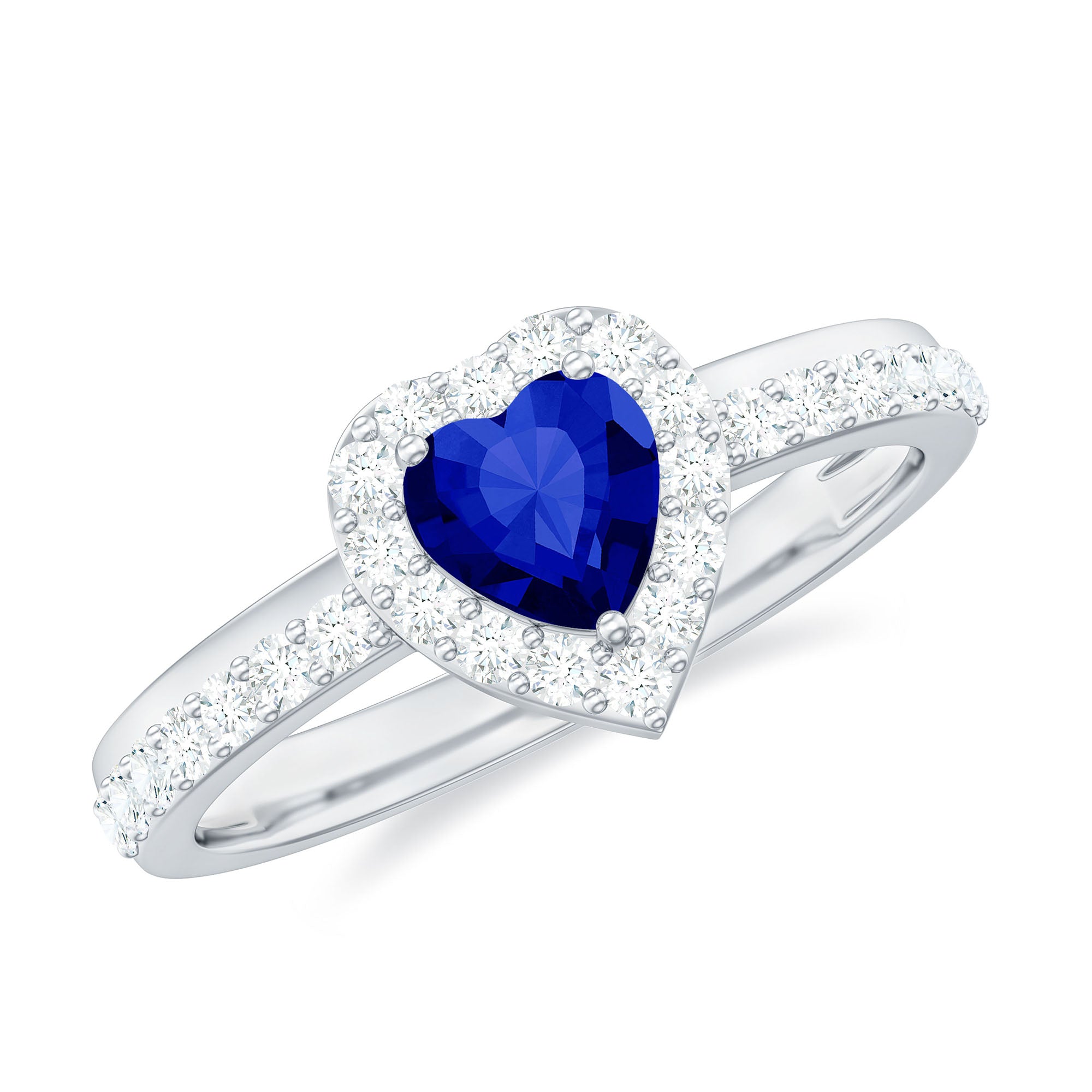 Lab Grown Blue Sapphire Heart Engagement Ring with Diamond Halo Lab Created Blue Sapphire - ( AAAA ) - Quality - Rosec Jewels