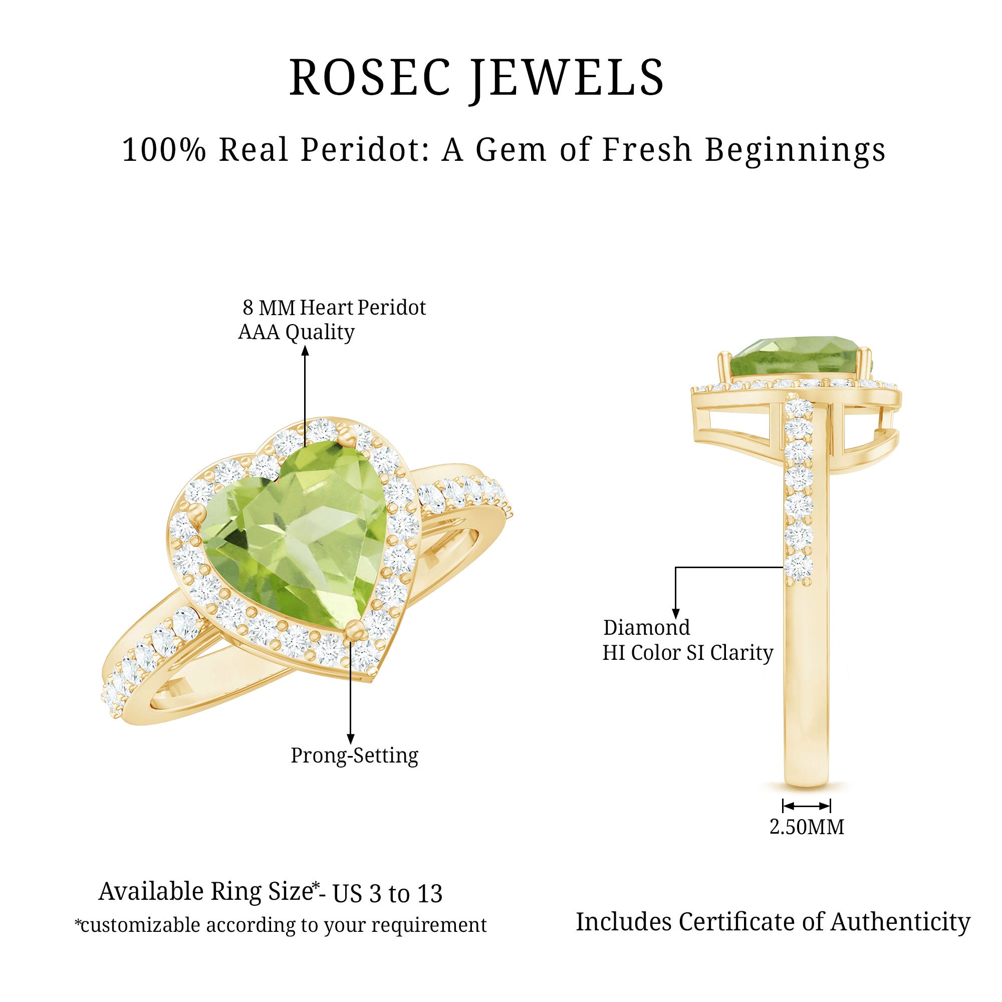 Natural 2 Carat Peridot Heart Engagement Ring with Diamond Halo AAA - Rosec Jewels