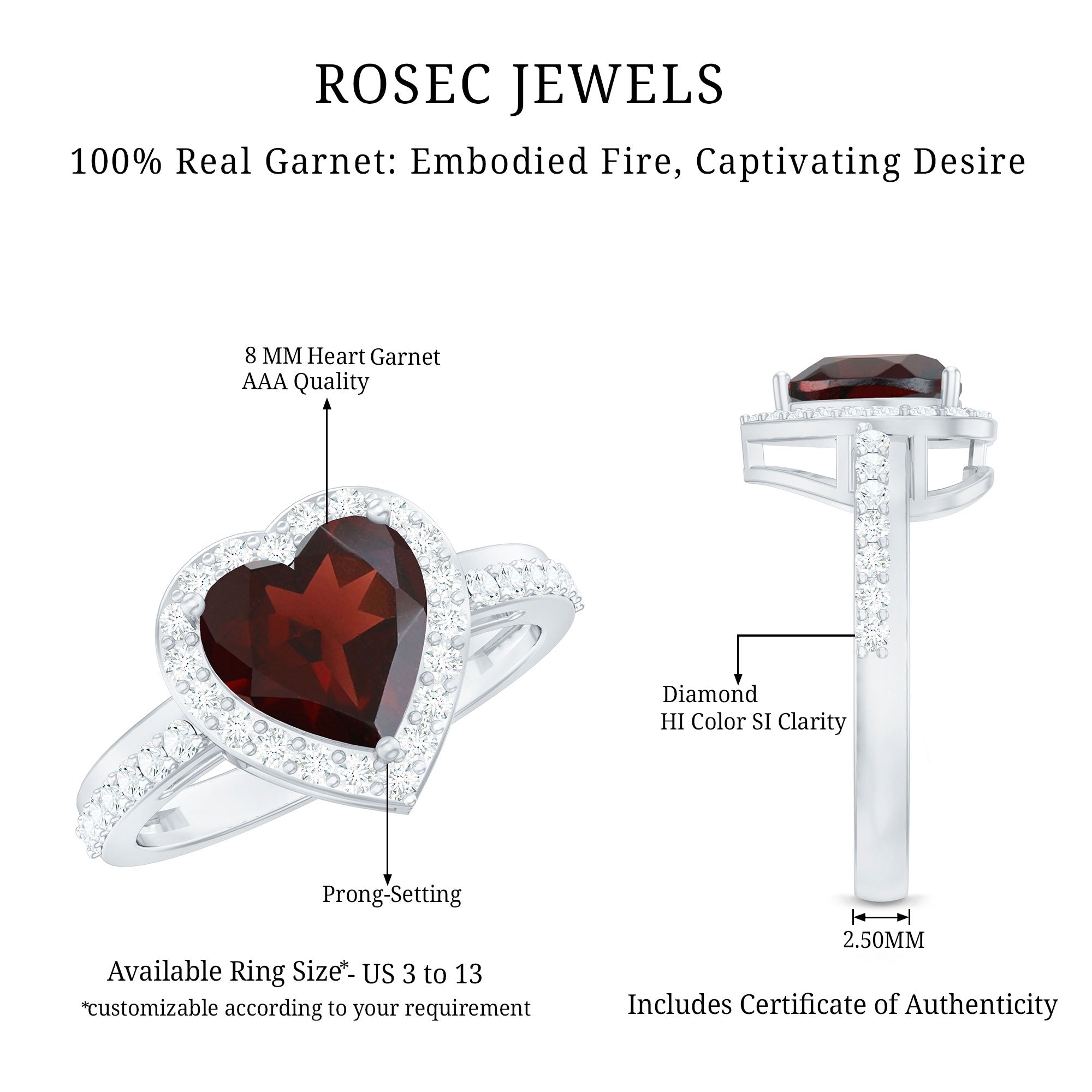 Natural Garnet Heart Shaped Engagement Ring with Diamond Halo AAA - Rosec Jewels