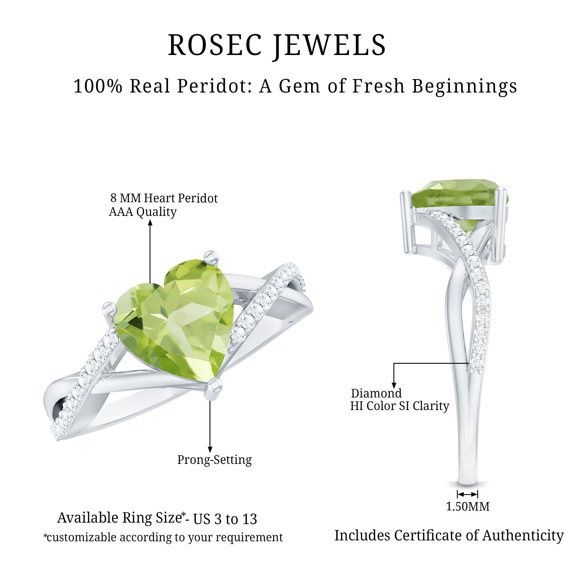 Natural 2 Carat Peridot Heart Engagement Ring with Diamond Crossover Shank AAA - Rosec Jewels