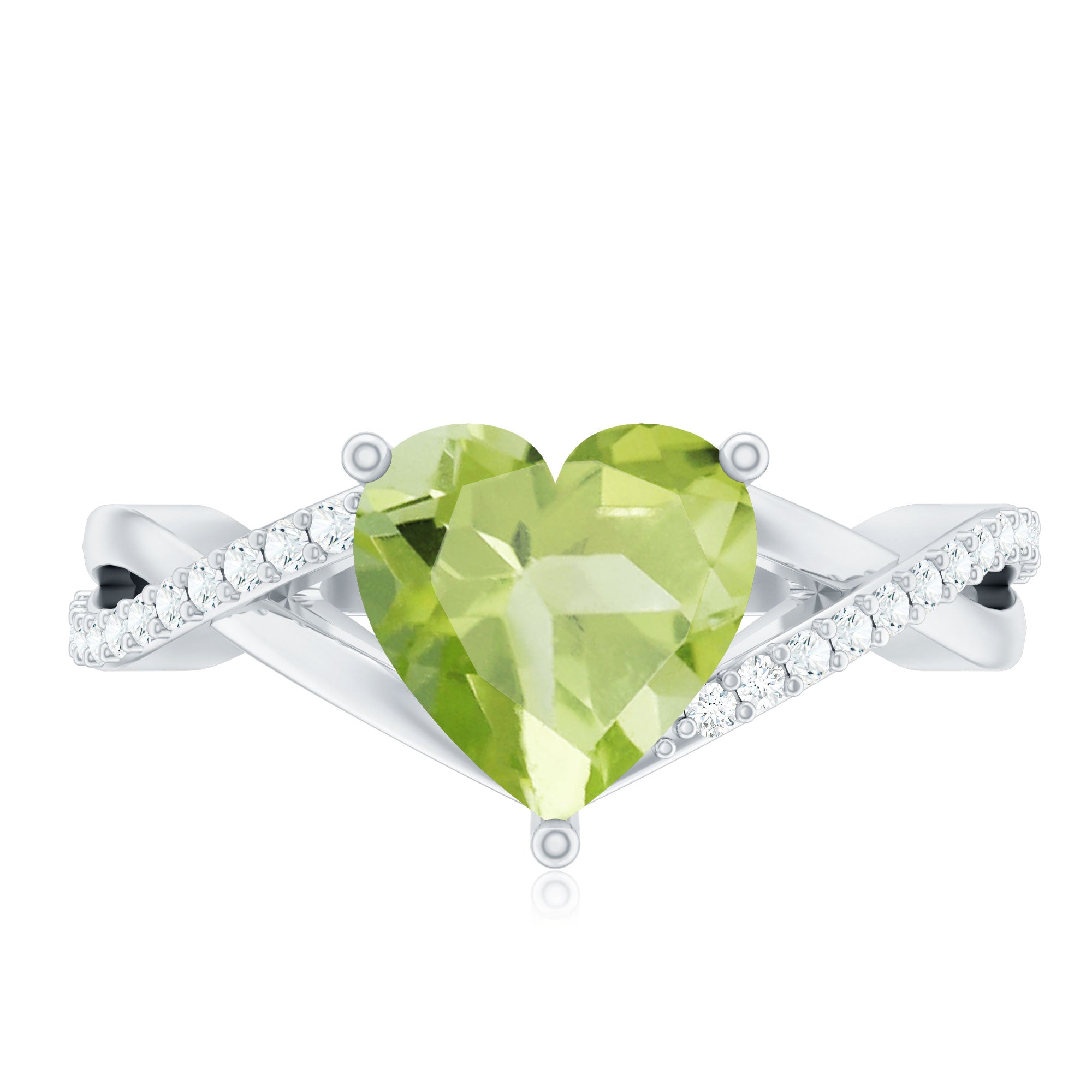Natural 2 Carat Peridot Heart Engagement Ring with Diamond Crossover Shank AAA - Rosec Jewels