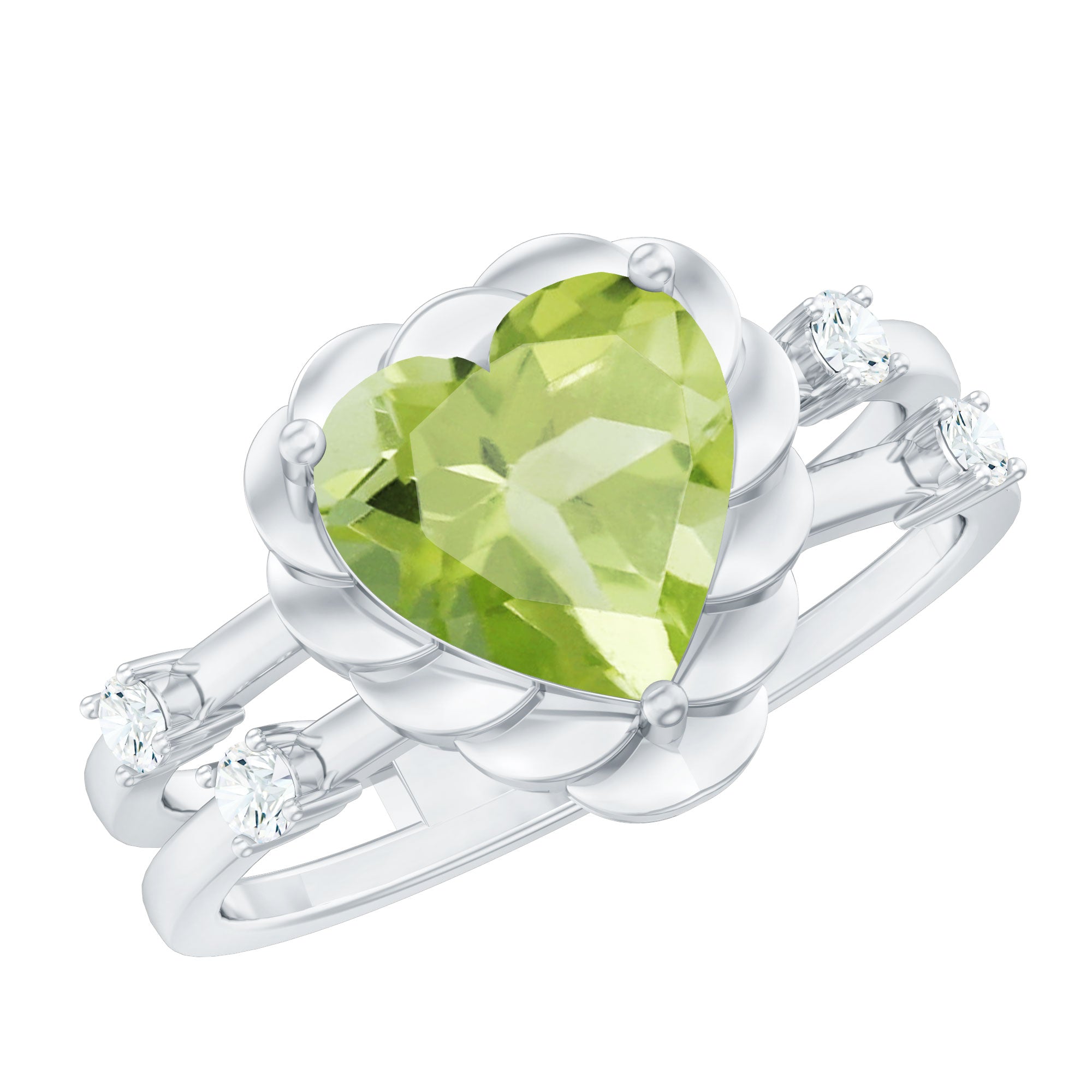 Heart Shape Peridot Solitaire Band Ring with Diamond Stones