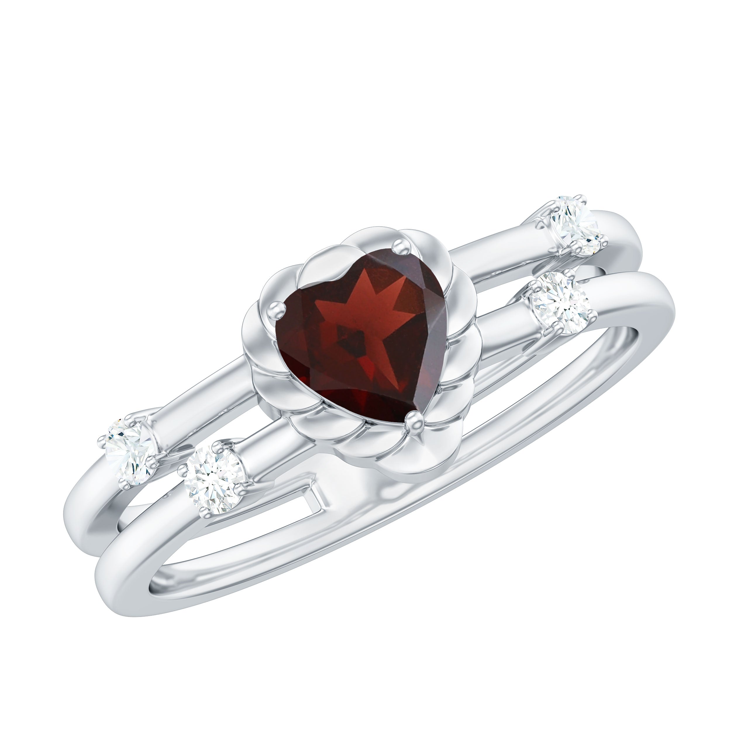 Natural Heart Shaped Garnet Diamond Double Band Engagement Ring AAA - Rosec Jewels