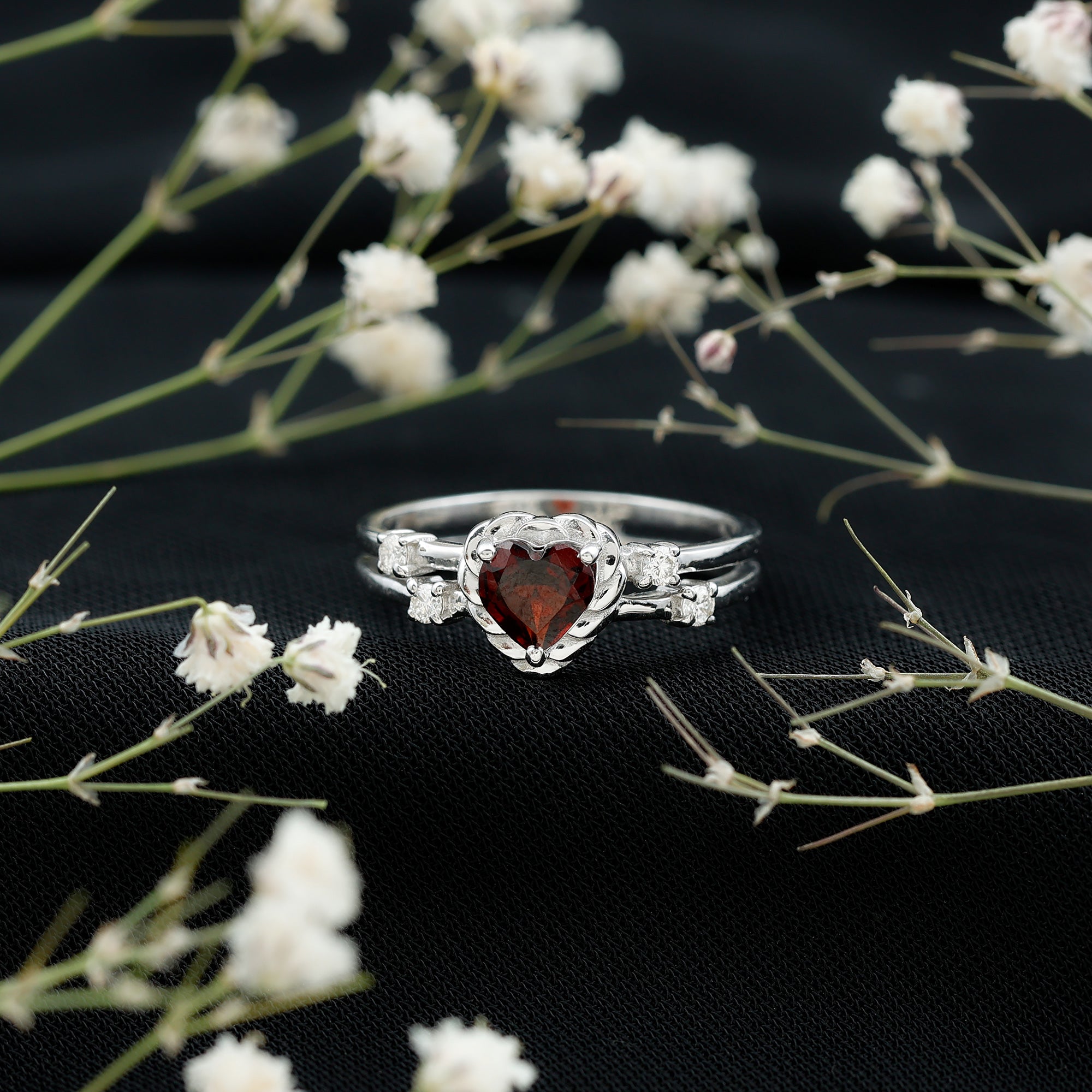 Natural Heart Shaped Garnet Diamond Double Band Engagement Ring AAA - Rosec Jewels