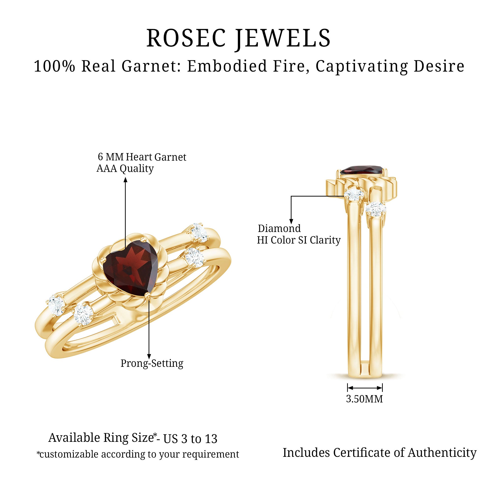 Natural Heart Shaped Garnet Diamond Double Band Engagement Ring AAA - Rosec Jewels