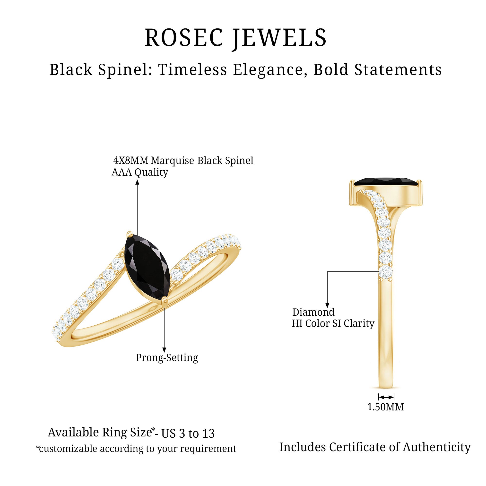 Real Marquise Black Spinel Promise Ring with Diamond Bypass Shank AAA - Rosec Jewels