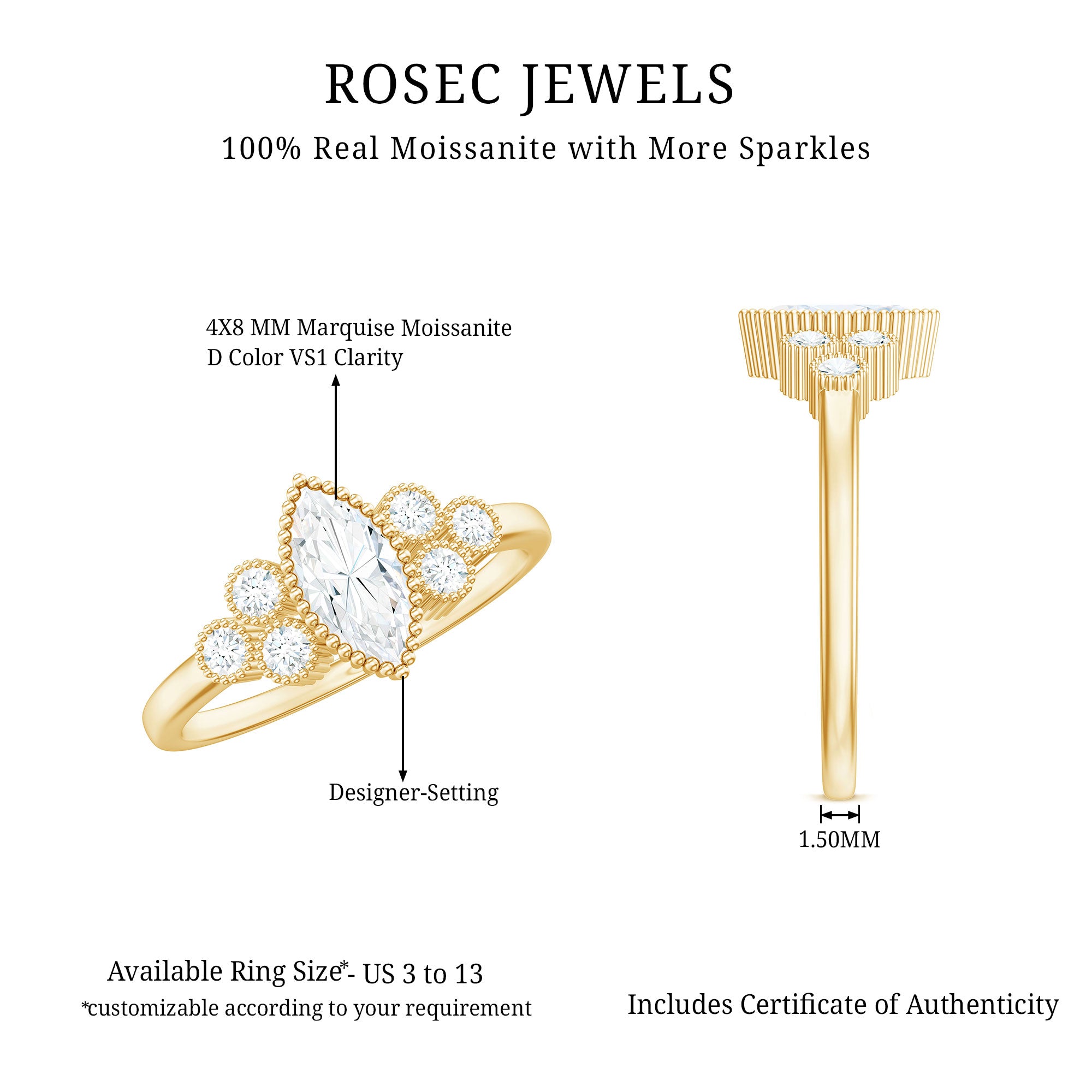 Marquise Moissanite Engagement Ring with Trios D-VS1 - Rosec Jewels