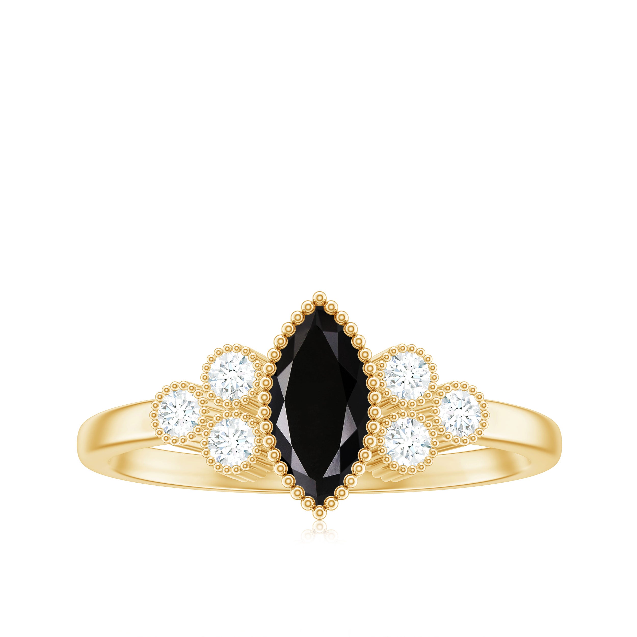 Natural Marquise Black Spinel Engagement Ring with Diamond Trio AAA - Rosec Jewels