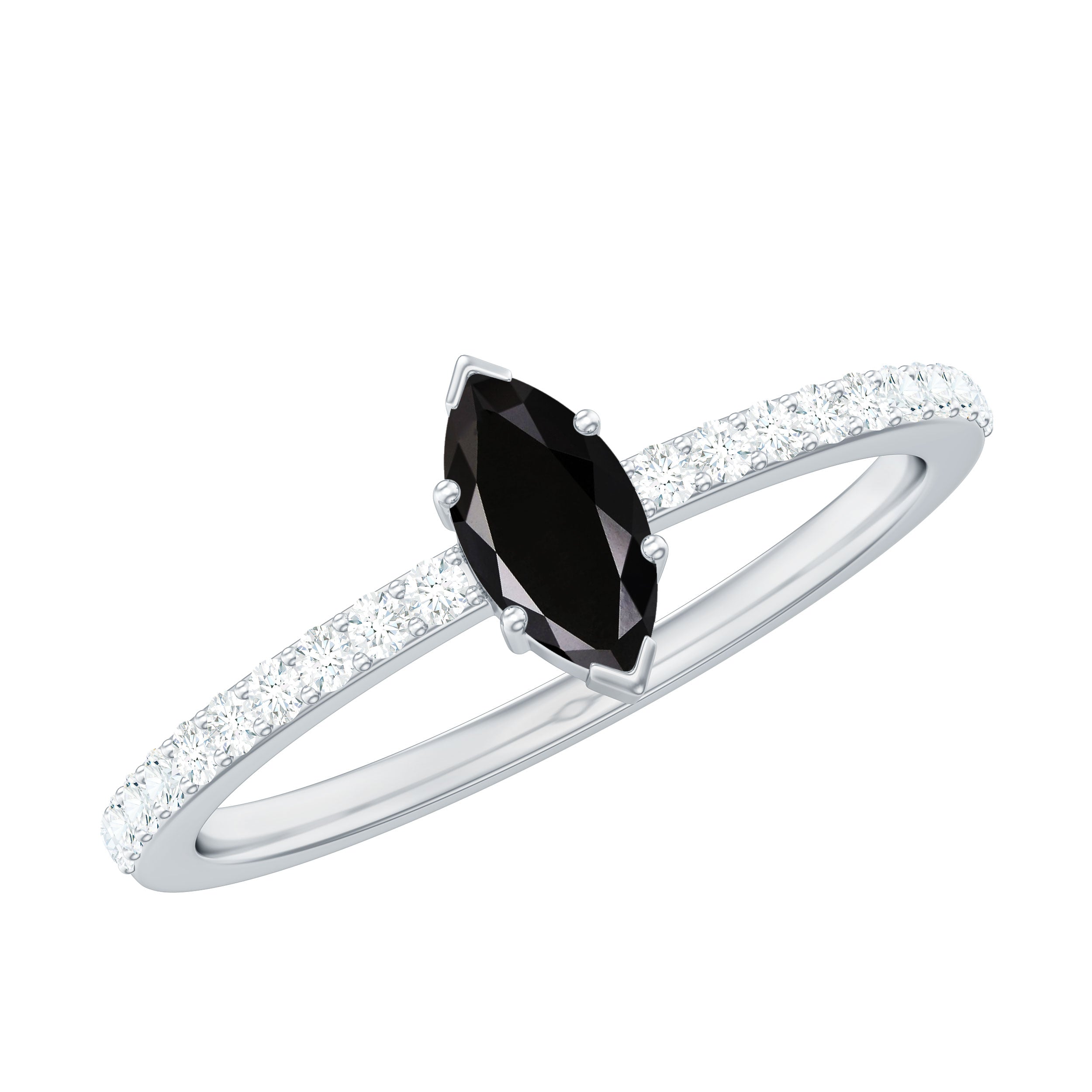 4x8mm Marquise Cut Black Onyx Minimal Promise Ring with Diamond AAA - Rosec Jewels