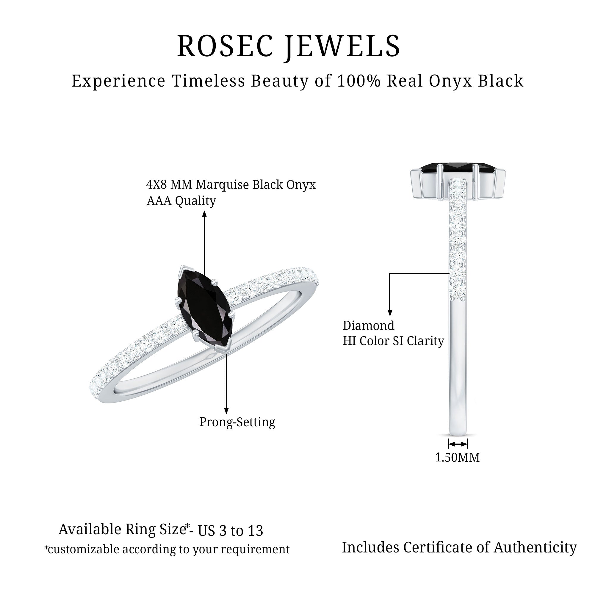 4x8mm Marquise Cut Black Onyx Minimal Promise Ring with Diamond AAA - Rosec Jewels
