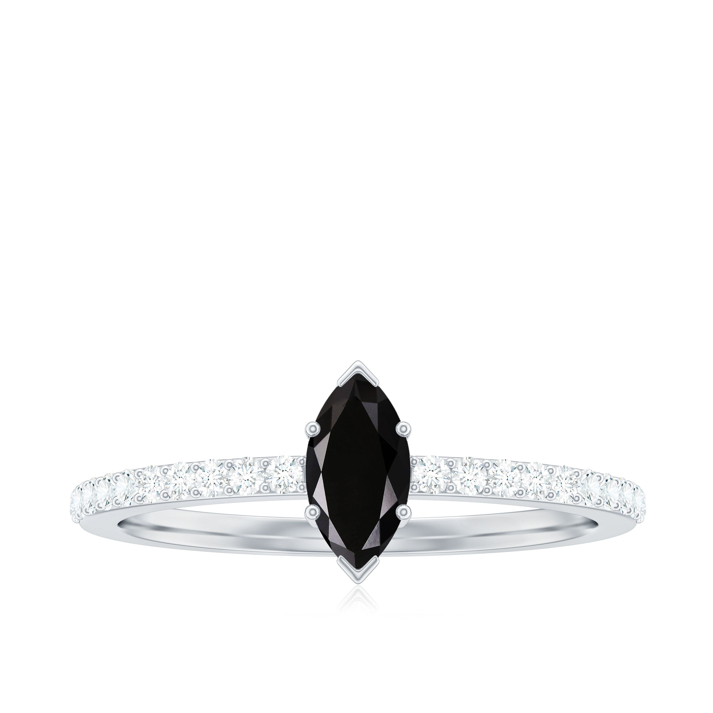 4x8mm Marquise Cut Black Onyx Minimal Promise Ring with Diamond AAA - Rosec Jewels