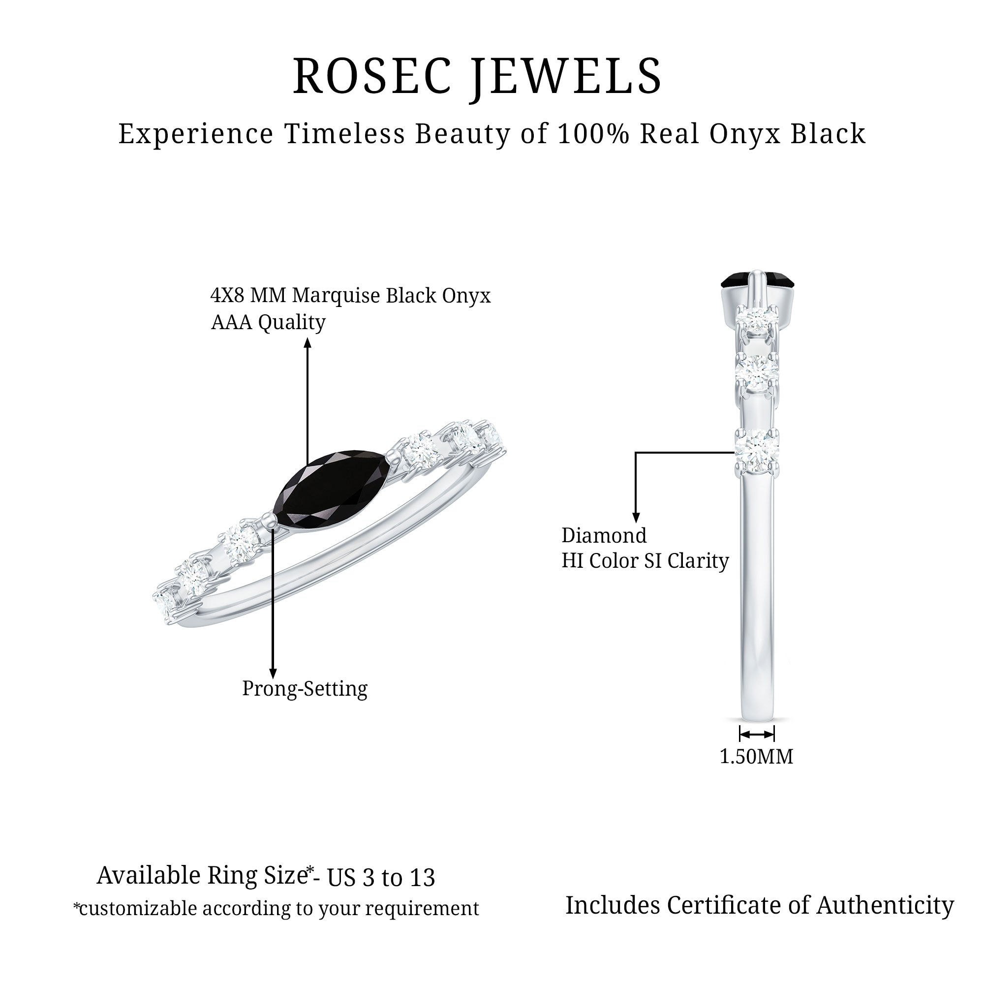 4x8mm Marquise Cut Black Onyx Minimal East West Ring with Diamond AAA - Rosec Jewels