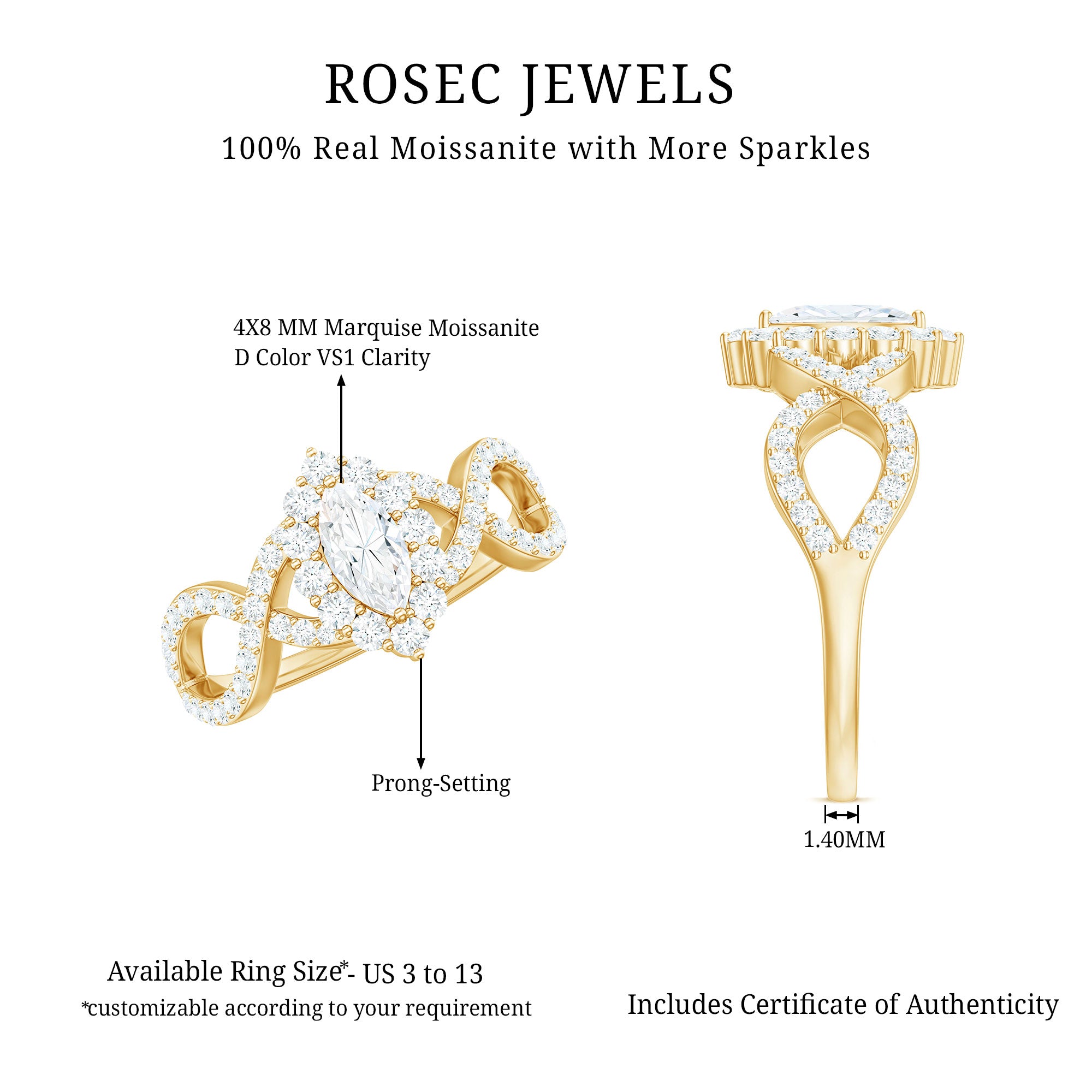 Marquise Moissanite Criss Cross Engagement Ring with Halo D-VS1 - Rosec Jewels