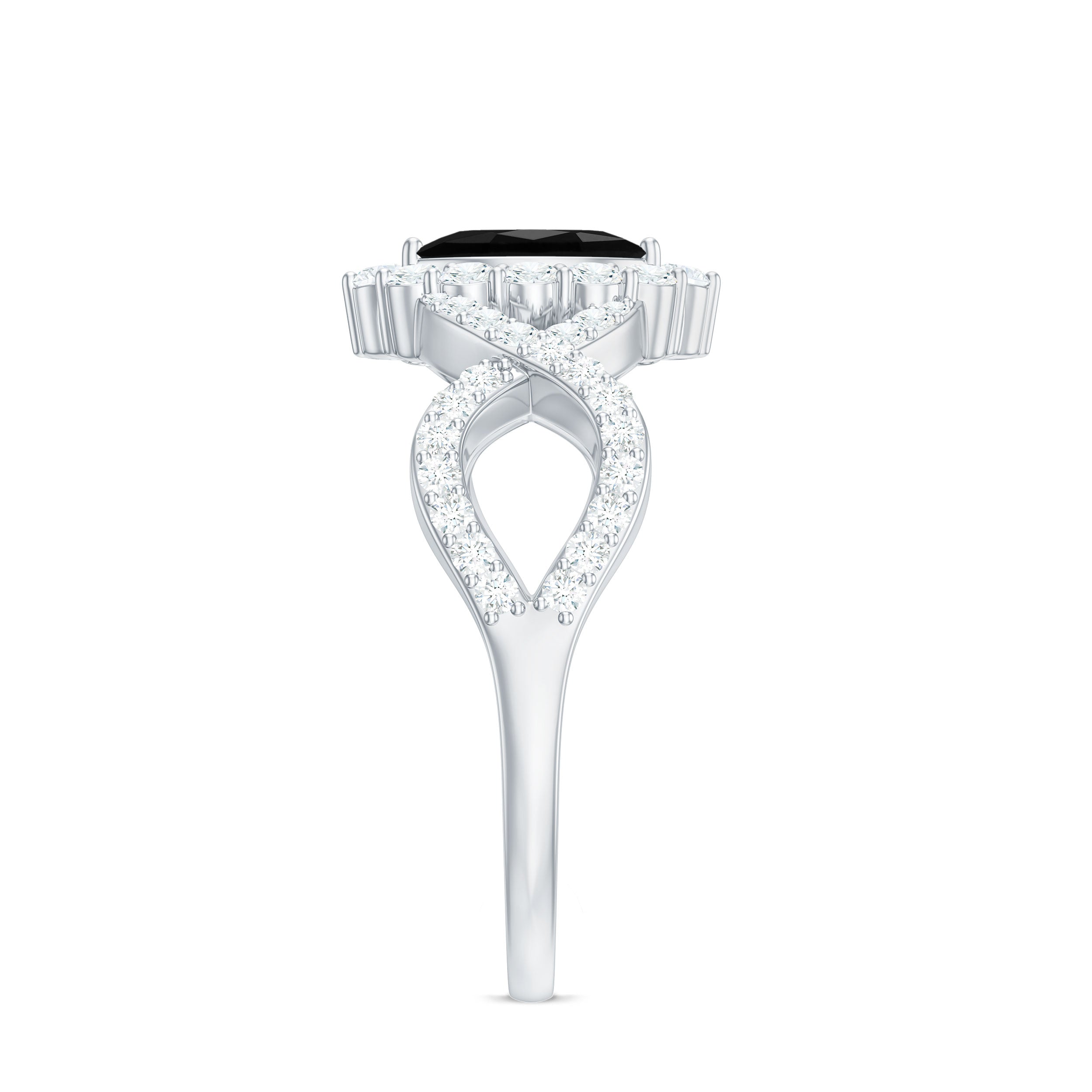 Natural Marquise Black Spinel Engagement Ring with Diamond Crossover Shank AAA - Rosec Jewels