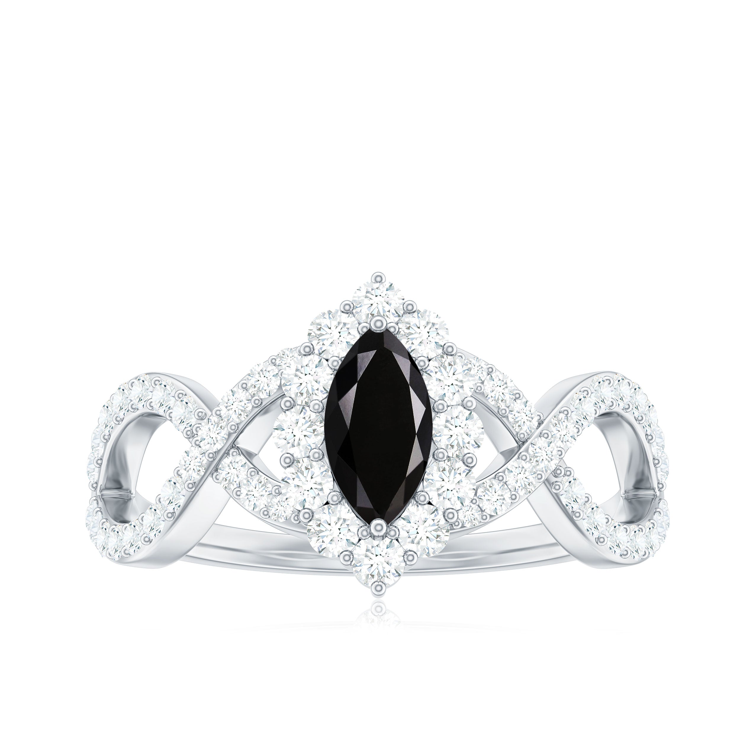Natural Marquise Black Spinel Engagement Ring with Diamond Crossover Shank AAA - Rosec Jewels