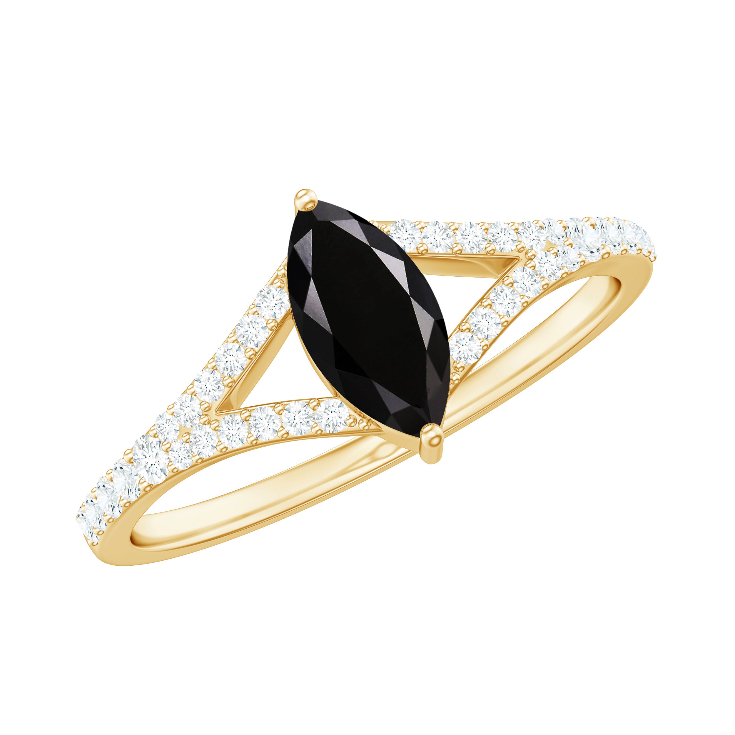 Minimal Black Spinel Marquise Engagement Ring with Diamond Split Shank AAA - Rosec Jewels