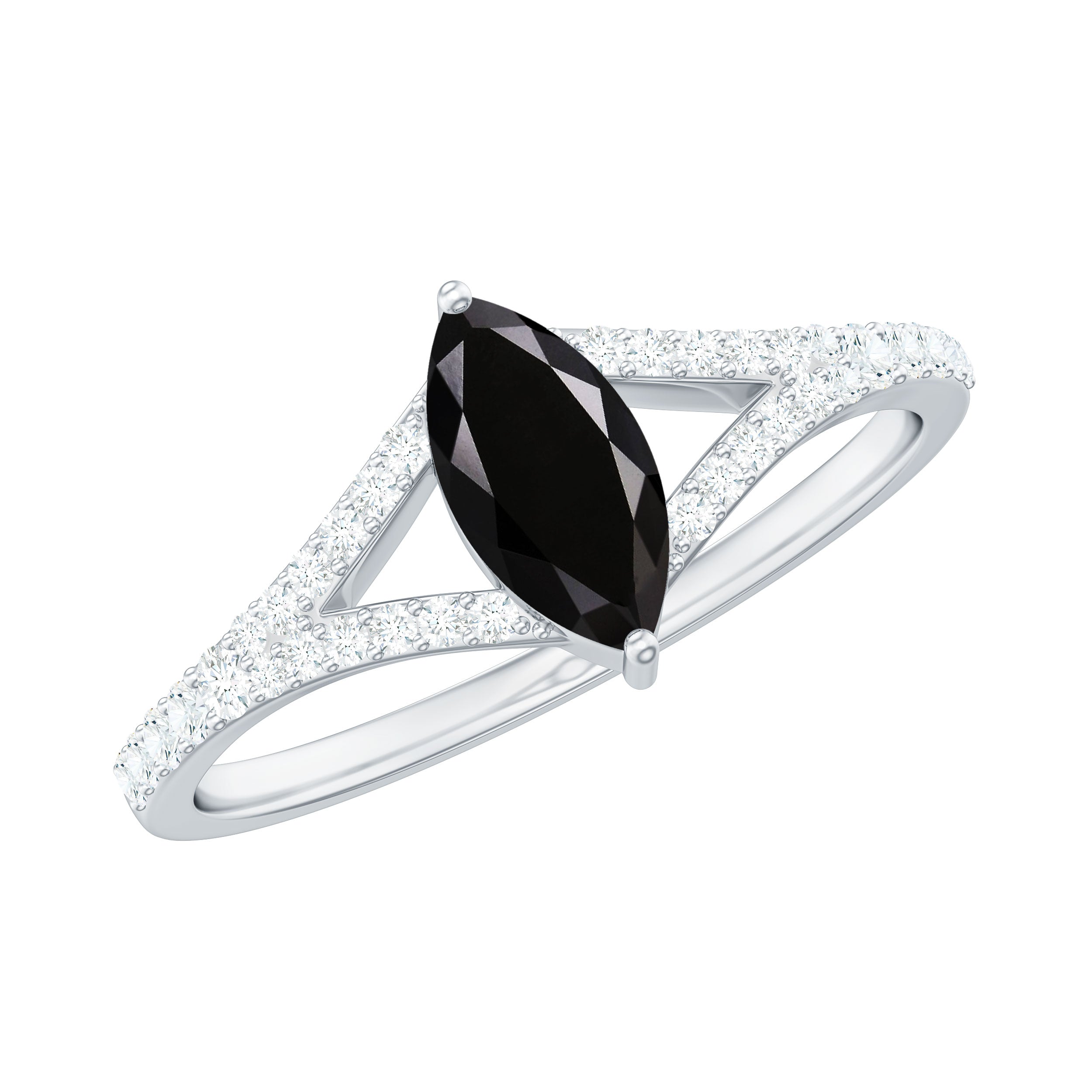 4X8mm Marquise Cut Black Onyx Minimal Engagement Ring with Diamond AAA - Rosec Jewels
