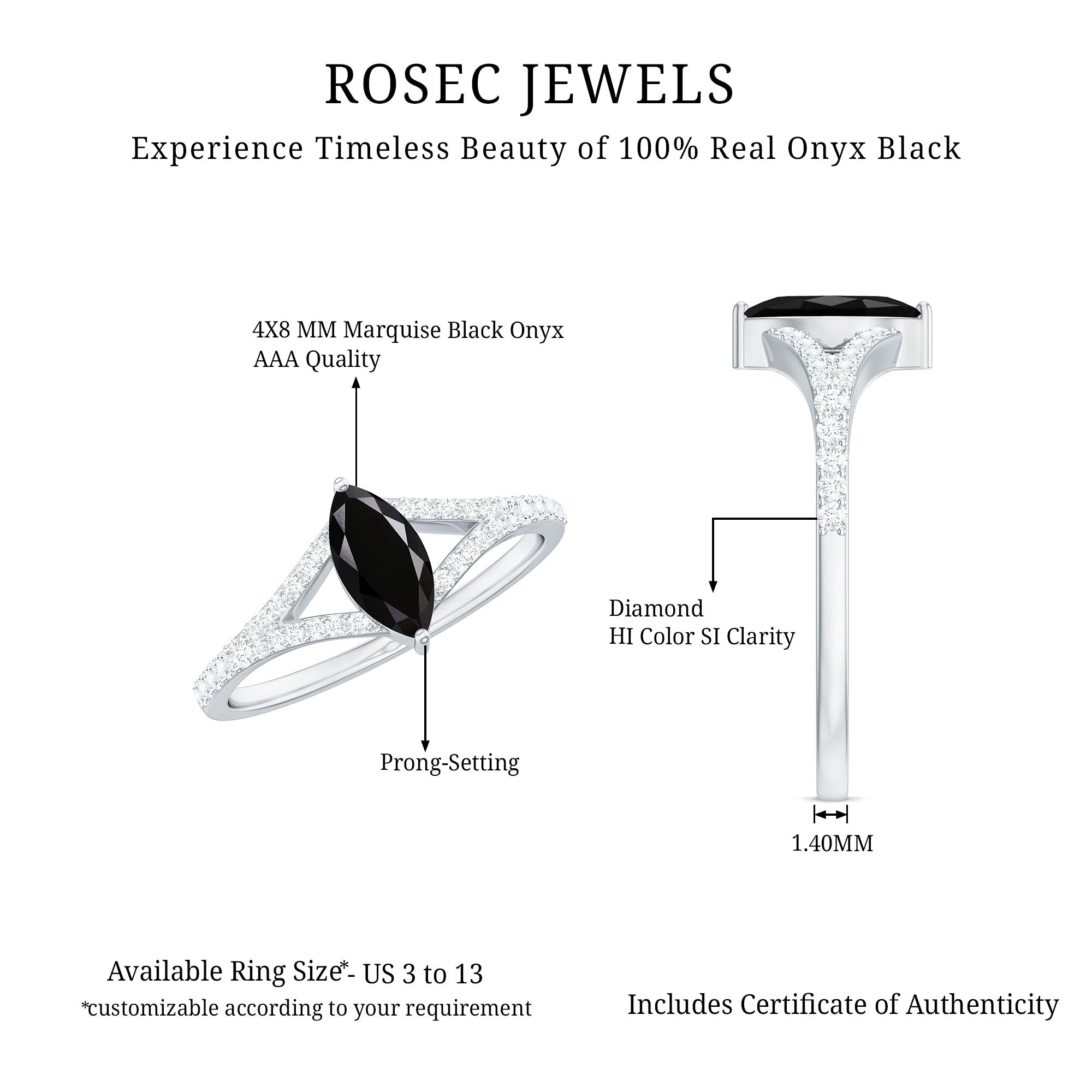 4X8mm Marquise Cut Black Onyx Minimal Engagement Ring with Diamond AAA - Rosec Jewels