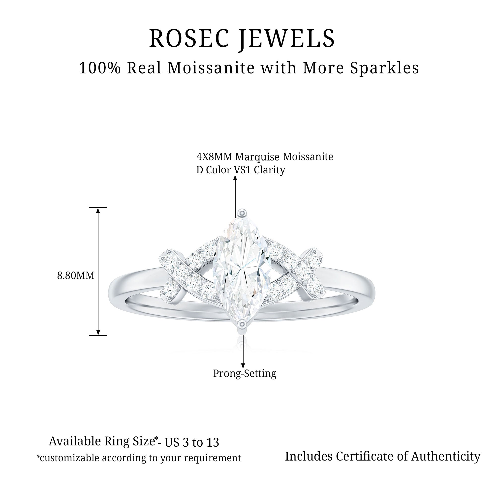 Certified Moissanite Marquise Engagement Ring for Women D-VS1 - Rosec Jewels