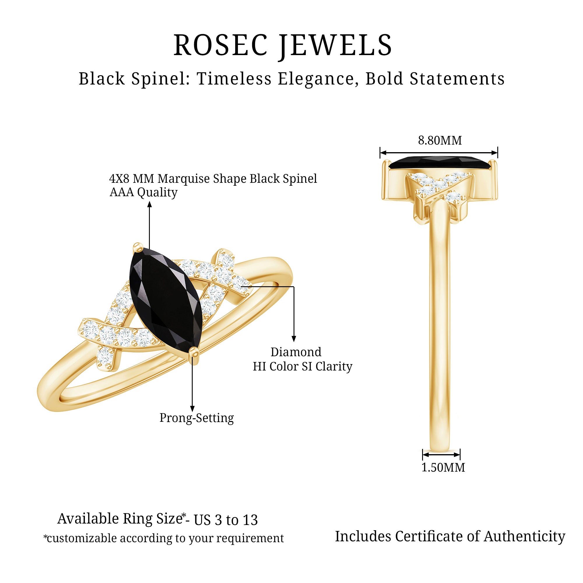 Natural Black Spinel Marquise Engagement Ring with Diamond AAA - Rosec Jewels