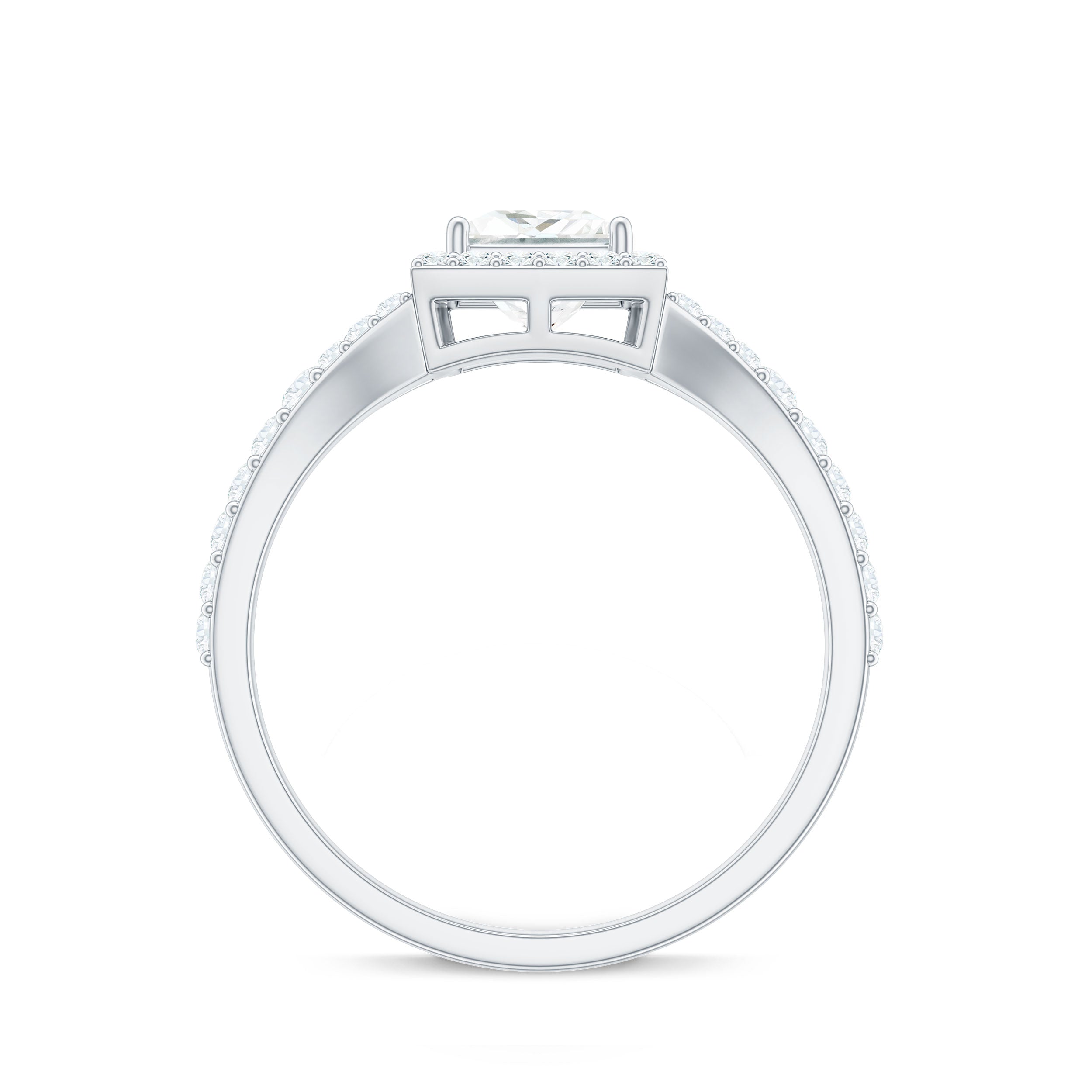 Princess Cut Moissanite Halo Engagement Ring with Split Band D-VS1 - Rosec Jewels