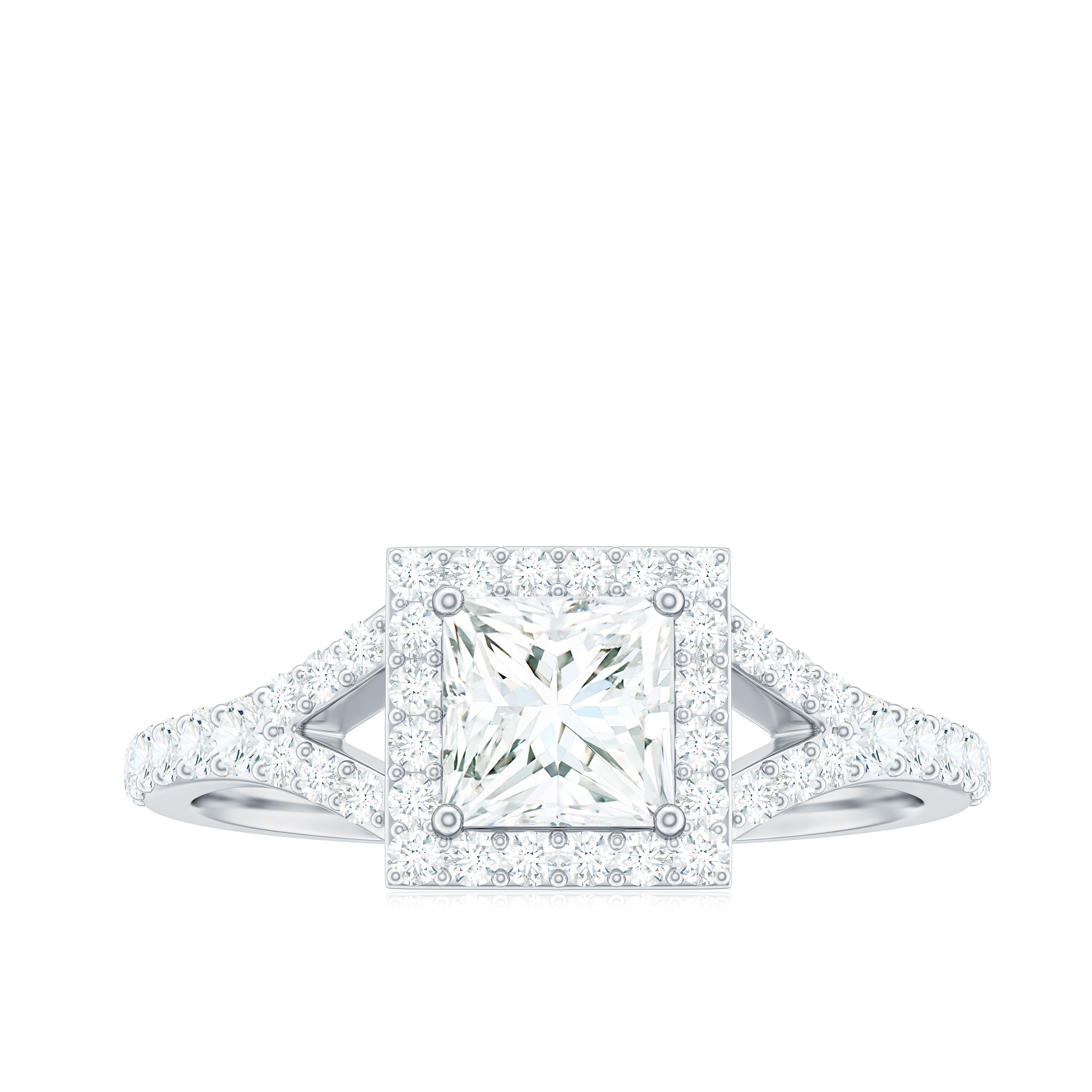 Princess Cut Moissanite Halo Engagement Ring with Split Band D-VS1 - Rosec Jewels