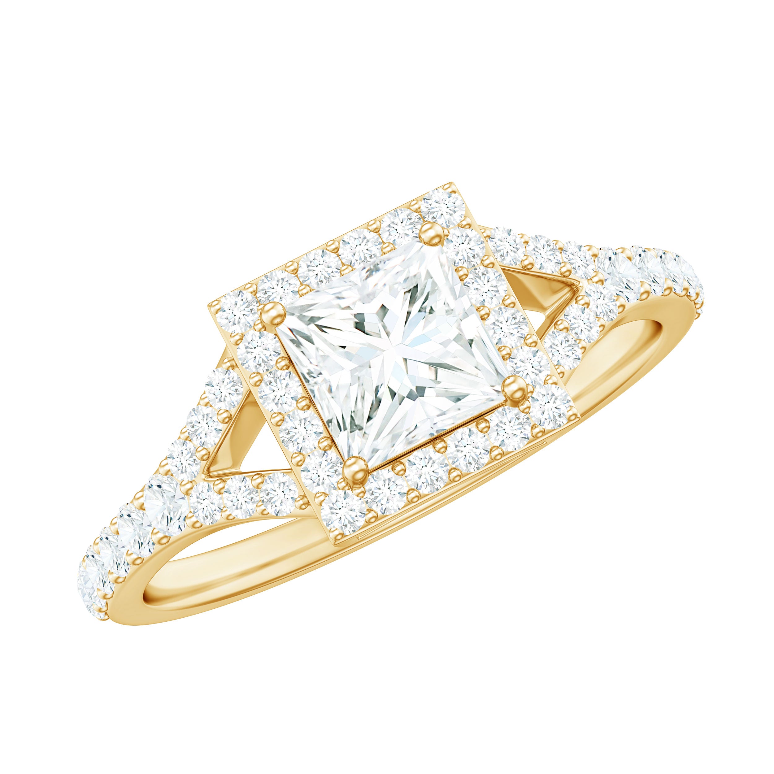 Princess Cut Moissanite Halo Engagement Ring with Split Band D-VS1 - Rosec Jewels