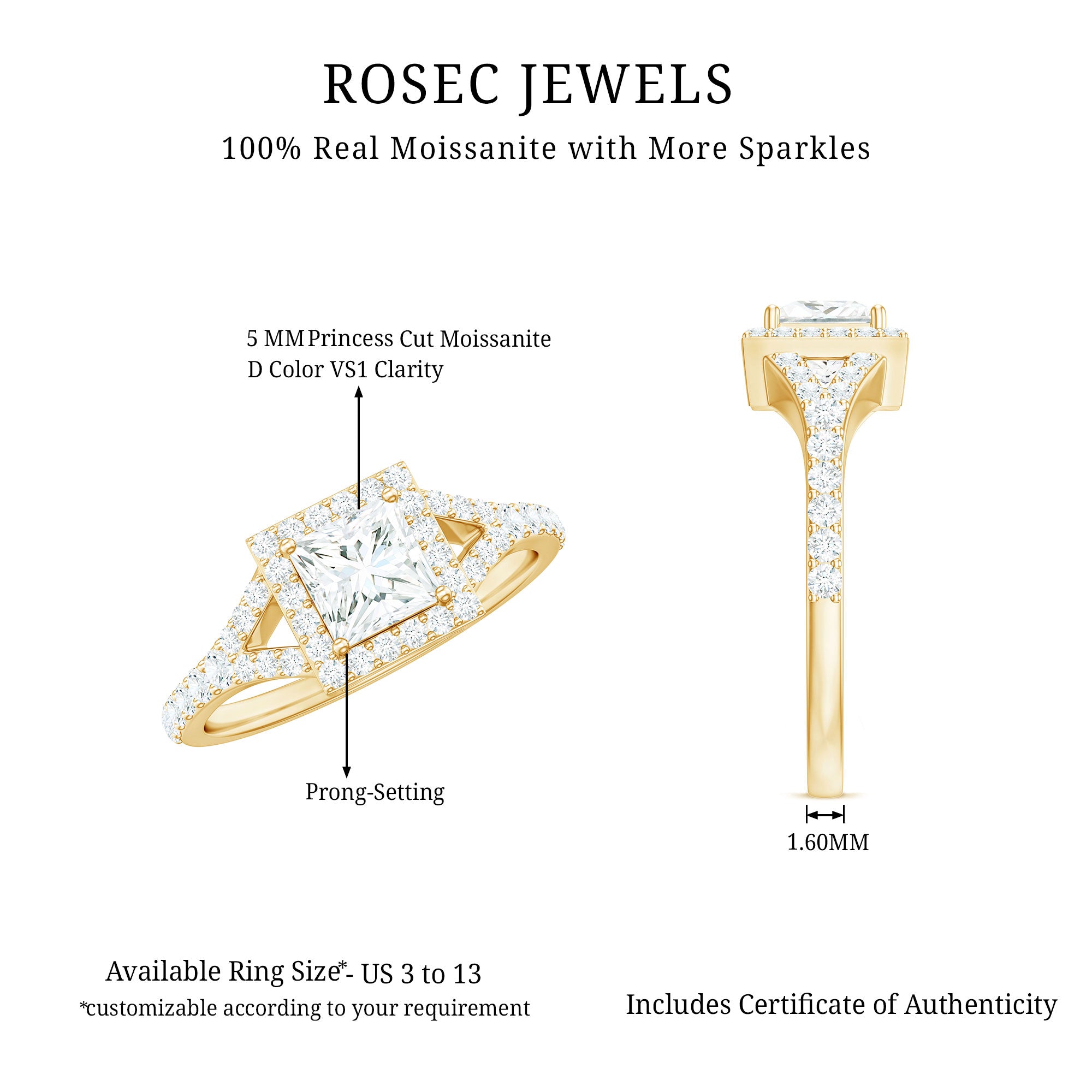 Princess Cut Moissanite Halo Engagement Ring with Split Band D-VS1 - Rosec Jewels