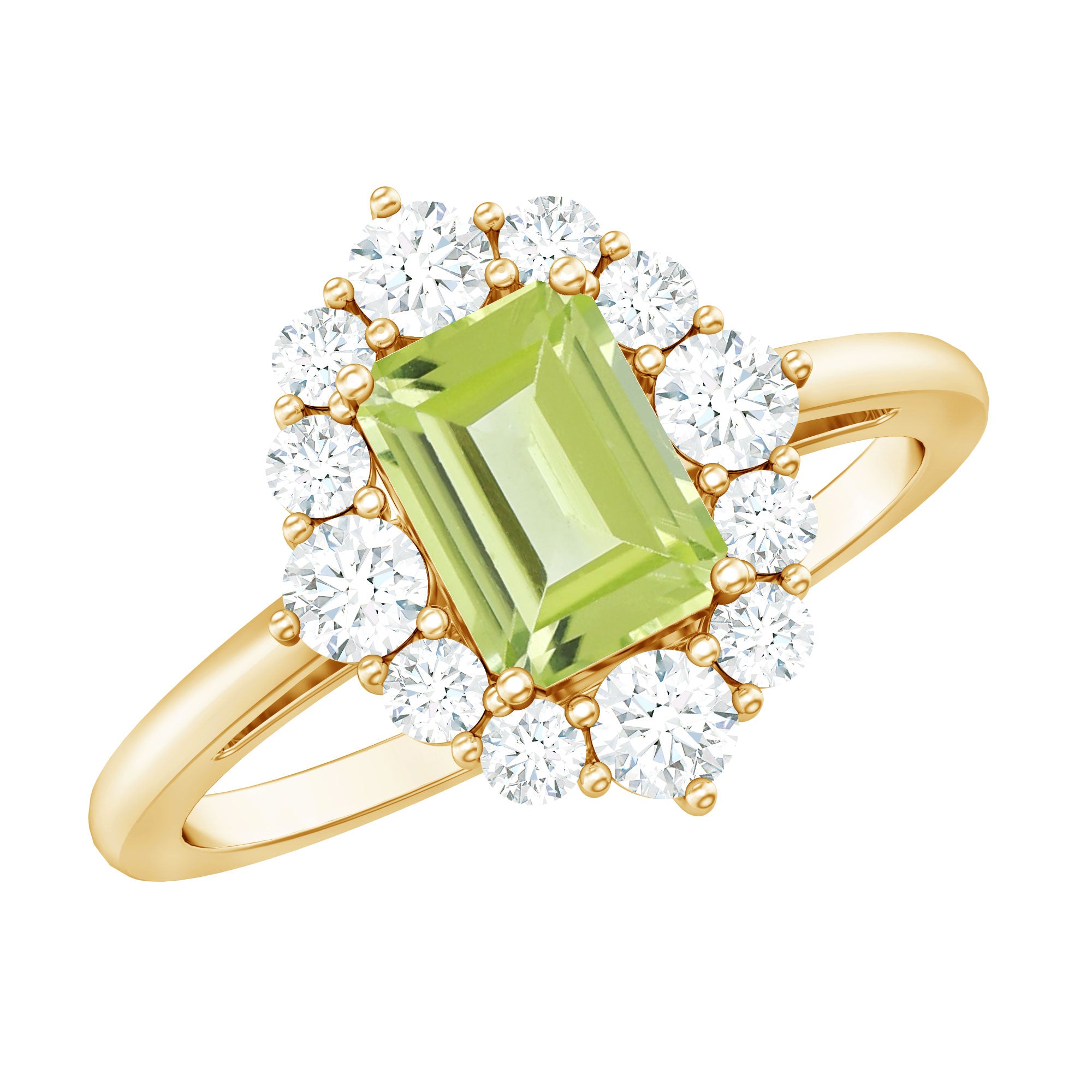 Natural 1.8 Carat Peridot Emerald Cut Engagement Ring with Diamond Halo AAA - Rosec Jewels