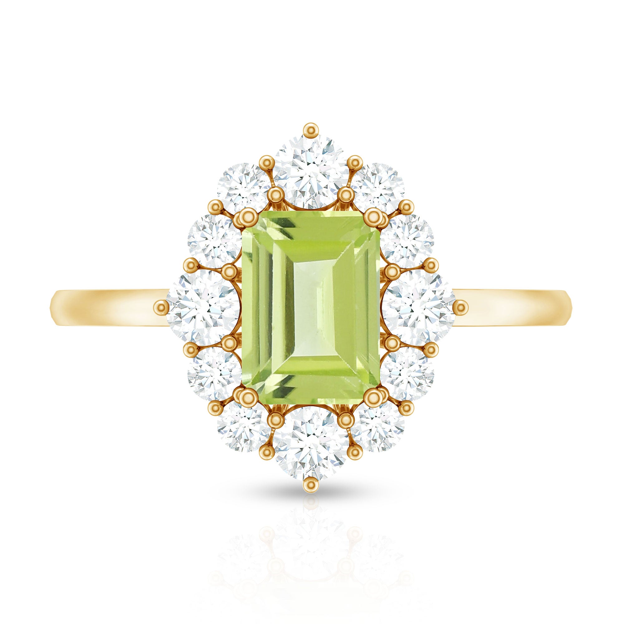 Natural 1.8 Carat Peridot Emerald Cut Engagement Ring with Diamond Halo AAA - Rosec Jewels