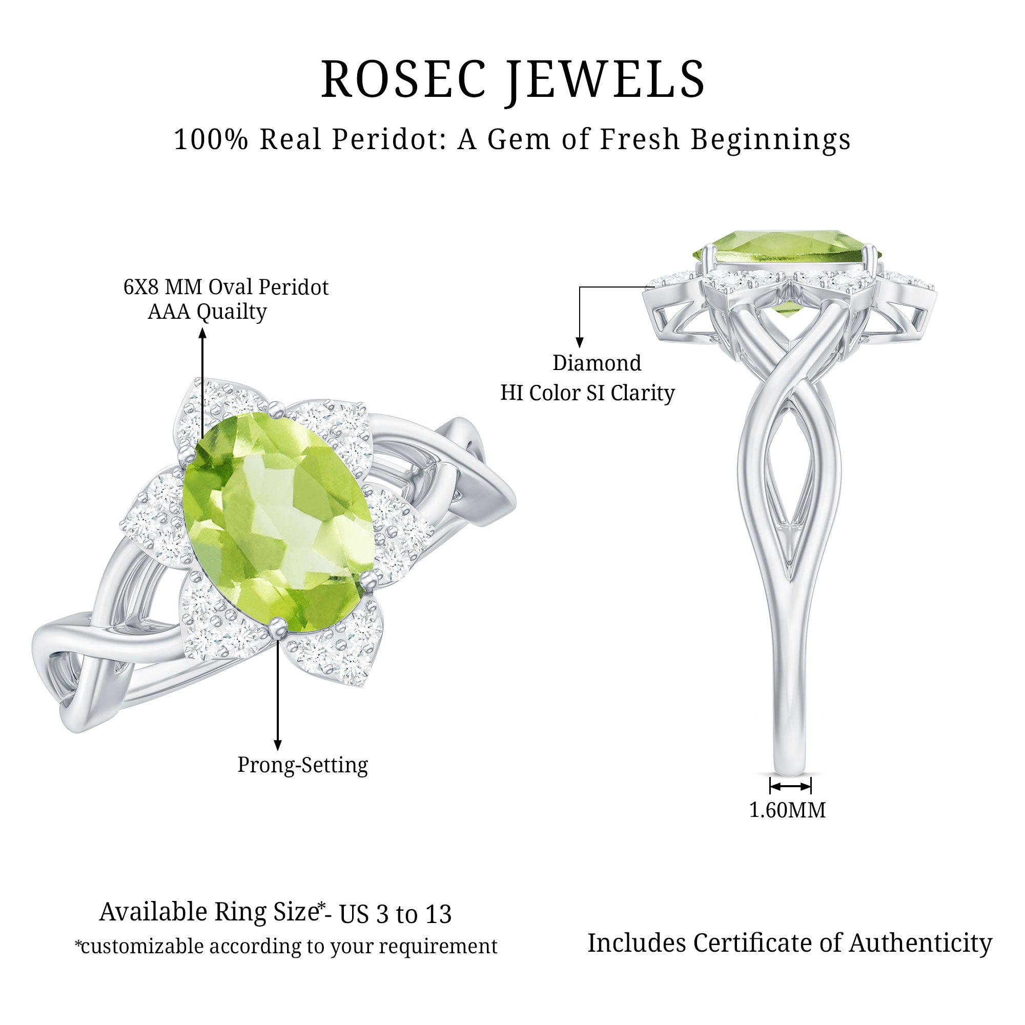 Natural 1 Carat Oval Peridot Flower Engagement Ring with Diamond AAA - Rosec Jewels