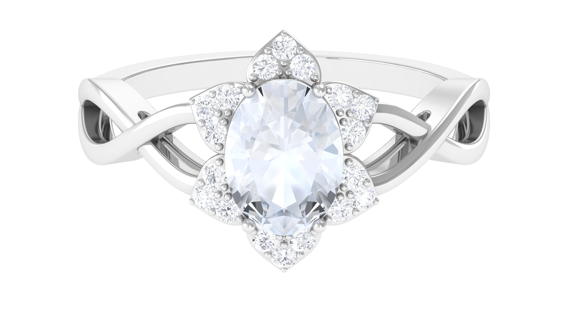 3/4 CT Oval Cut Solitaire Moonstone and Diamond Floral Halo Ring AAA - Rosec Jewels