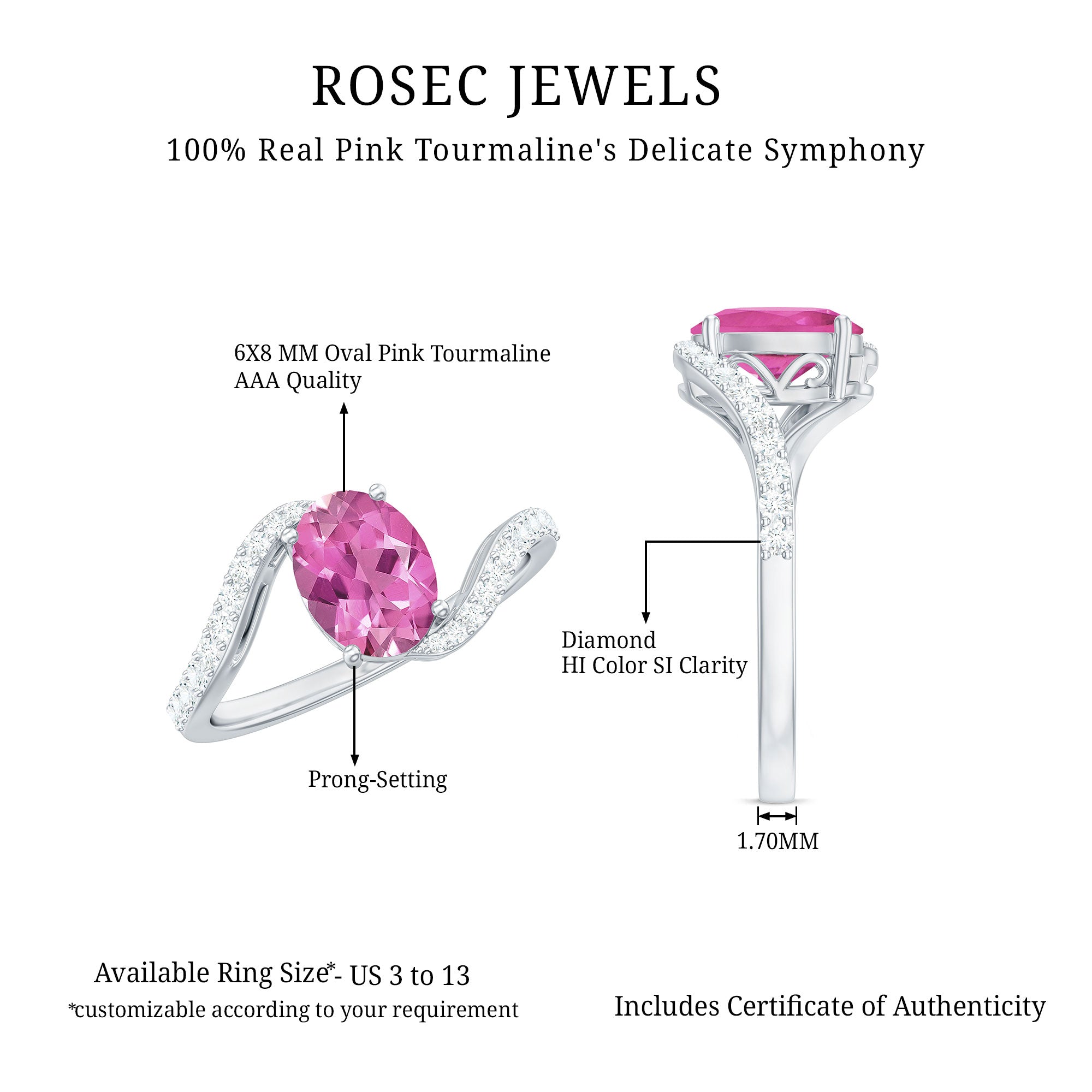 Natural Pink Tourmaline Solitaire Bypass Ring with Diamond AAA - Rosec Jewels