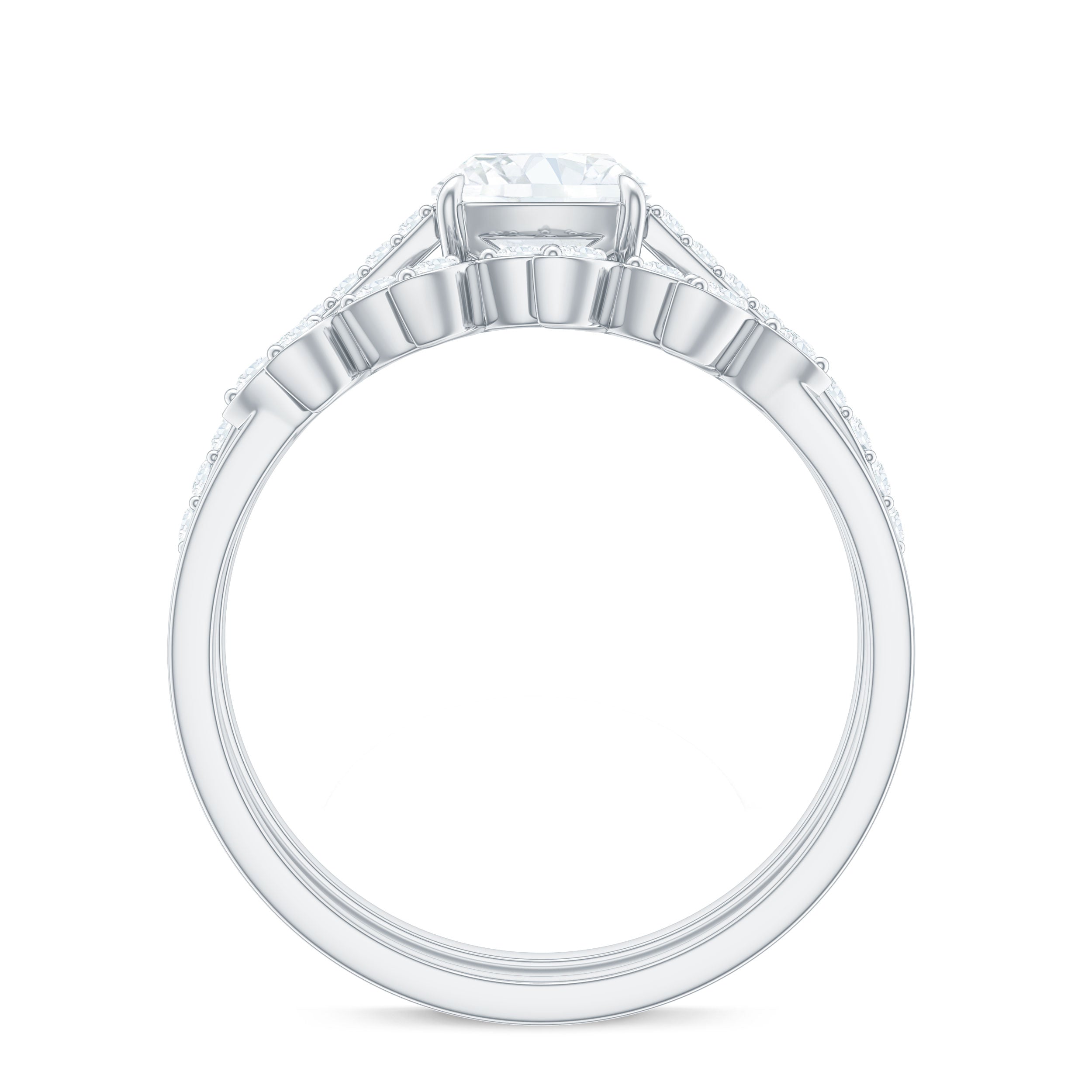 Claw Set Cushion Cut Moissanite Engagement Ring with Leaf Wedding Band D-VS1 - Rosec Jewels