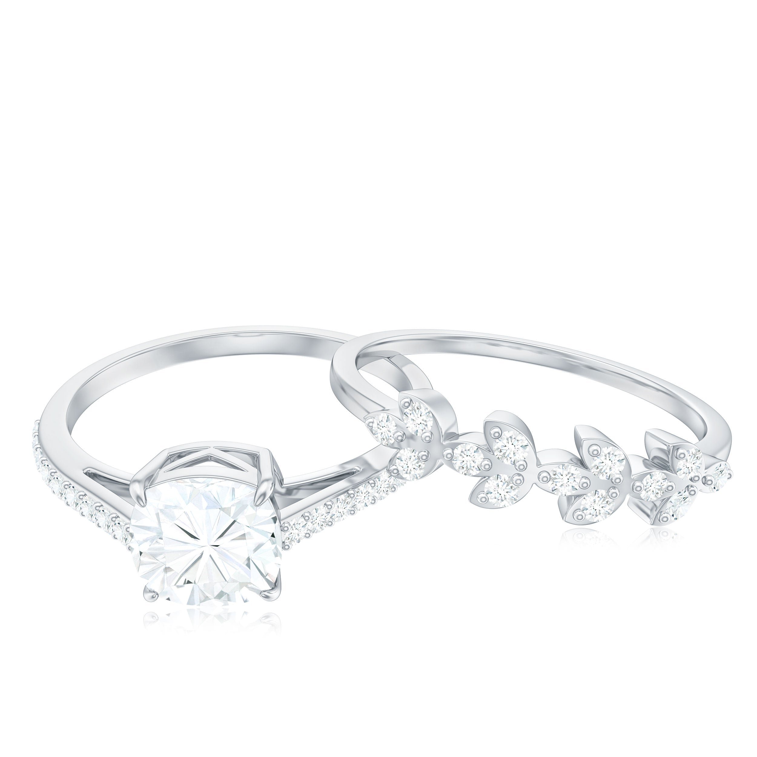 Claw Set Cushion Cut Moissanite Engagement Ring with Leaf Wedding Band D-VS1 - Rosec Jewels