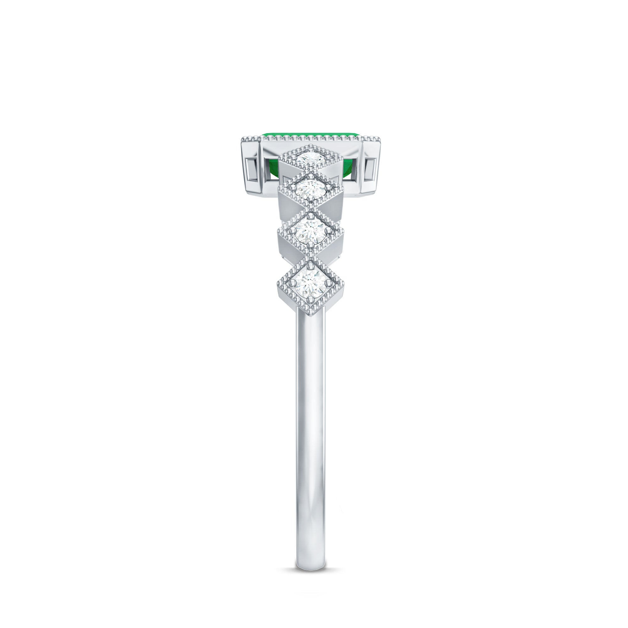 Vintage Looking Emerald Cut Emerald Engagement Ring with Diamond AAA - Rosec Jewels