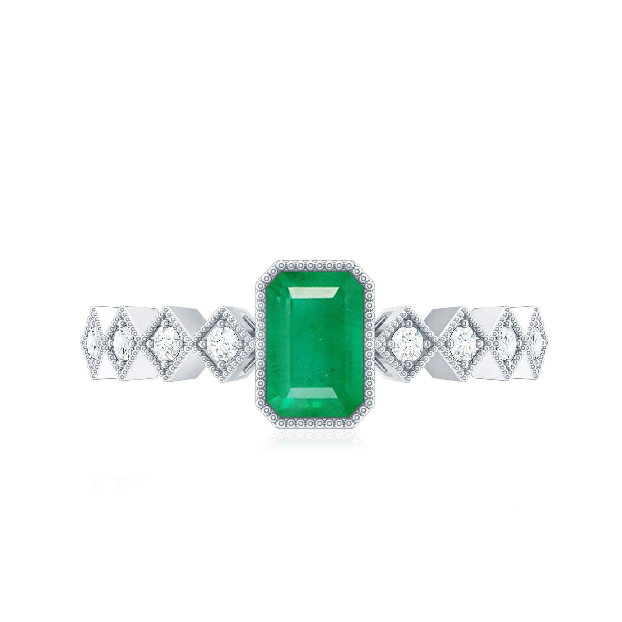 Vintage Looking Emerald Cut Emerald Engagement Ring with Diamond AAA - Rosec Jewels
