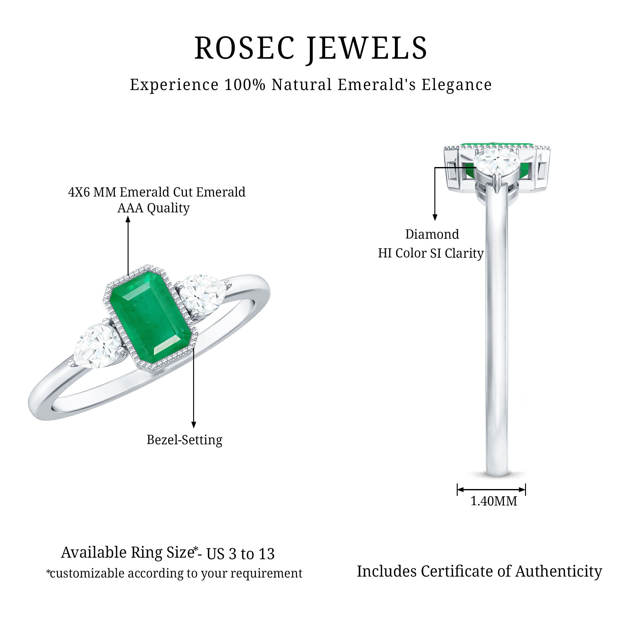Emerald 3 Stone Ring with Diamond AAA - Rosec Jewels