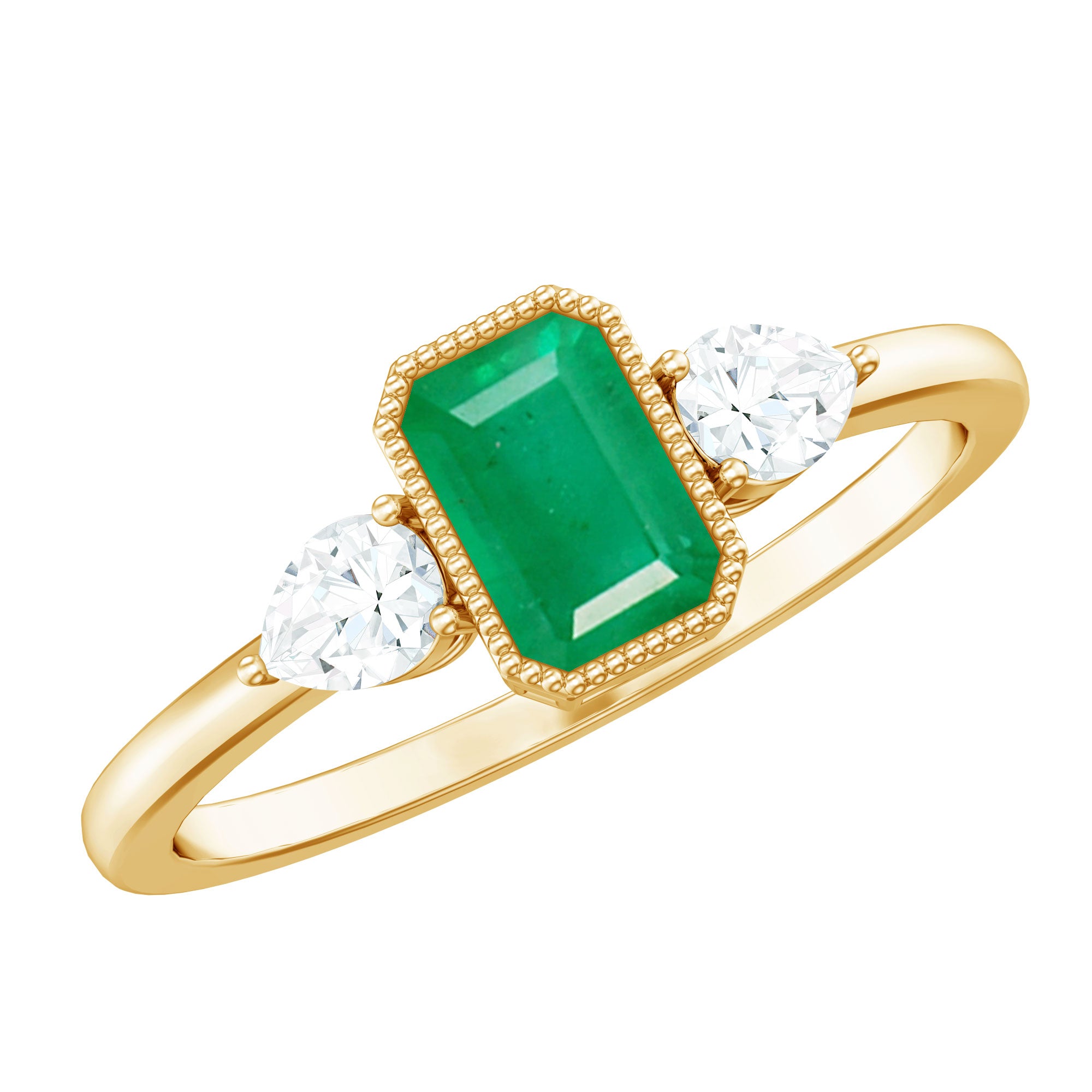 Emerald 3 Stone Ring with Diamond AAA - Rosec Jewels