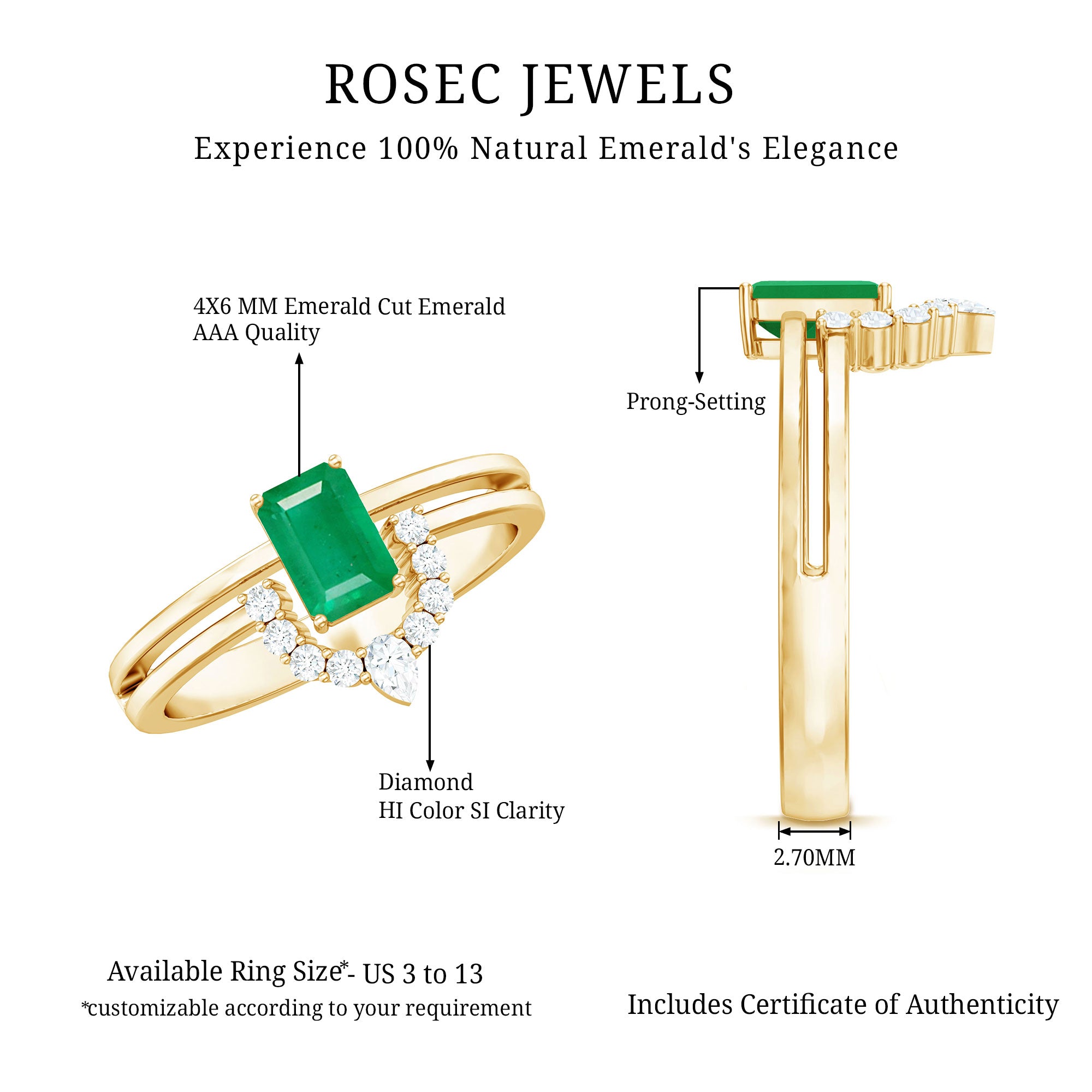 Natural Emerald Cut Emerald Double Band Engagement Ring with Diamond AAA - Rosec Jewels