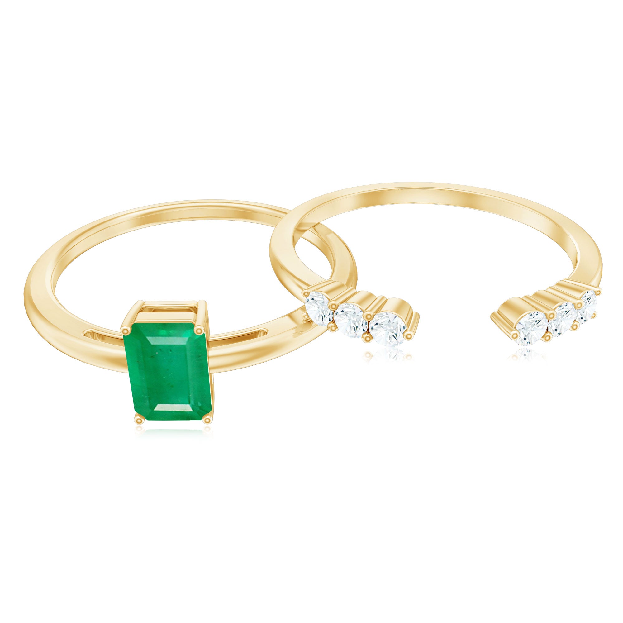 Natural Emerald Cut Emerald Diamond Engagement Wedding Ring Set of 2 AAA - Rosec Jewels