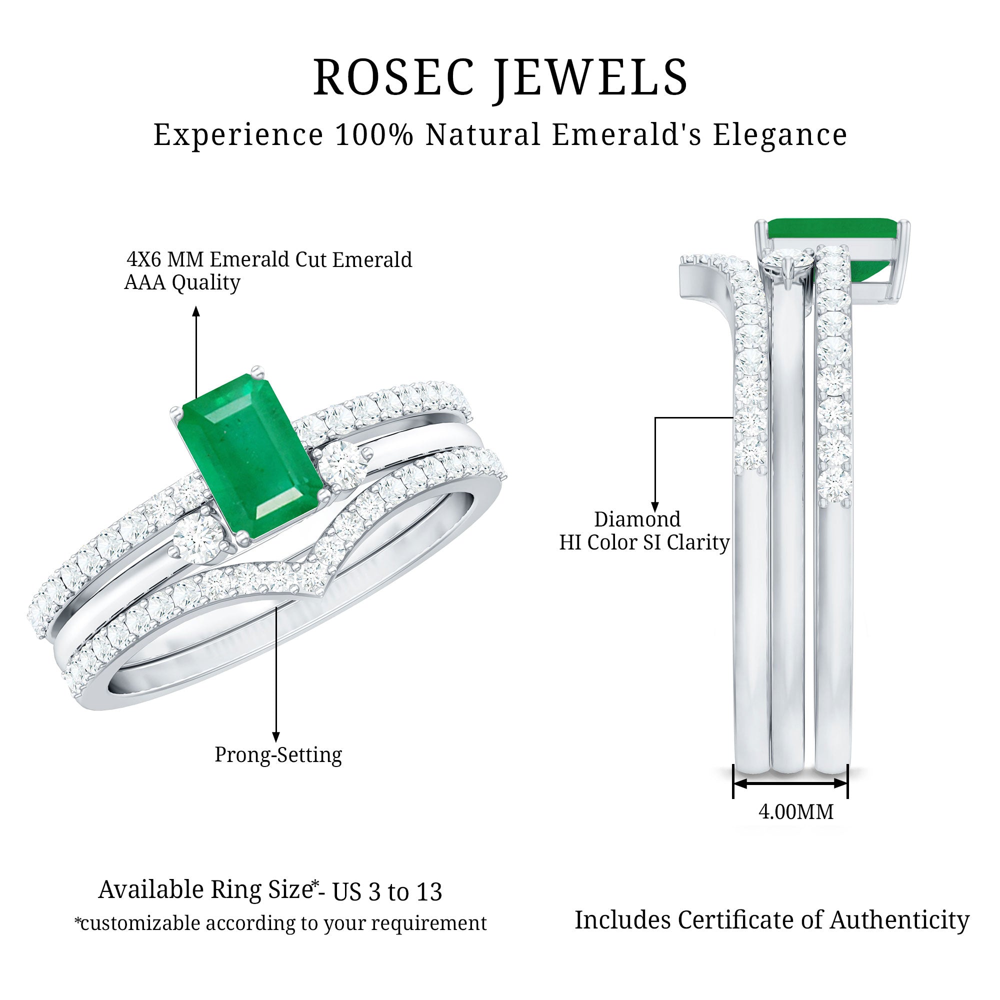 Rosec Jewels-Natural Emerald Cut Emerald Diamond 3 Piece Bridal Ring Set