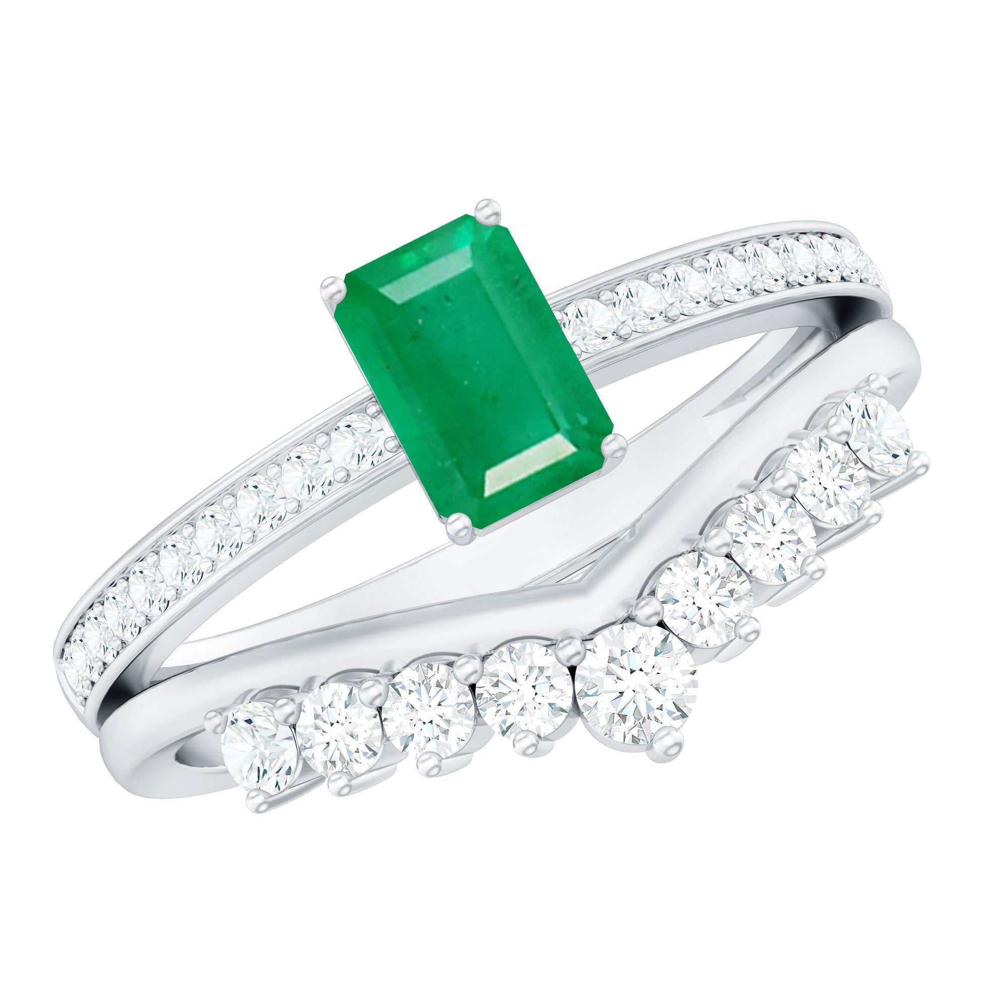 Natural Emerald Diamond Emerald Cut Engagement Ring with Curved Wedding Band AAA - Rosec Jewels