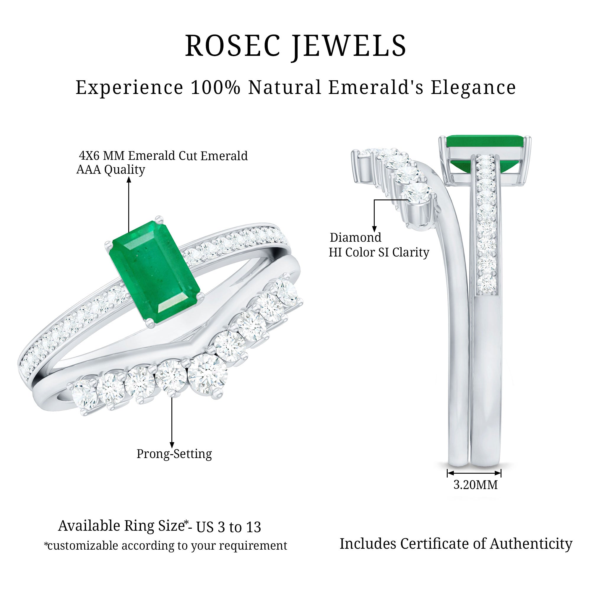 Natural Emerald Diamond Emerald Cut Engagement Ring with Curved Wedding Band AAA - Rosec Jewels