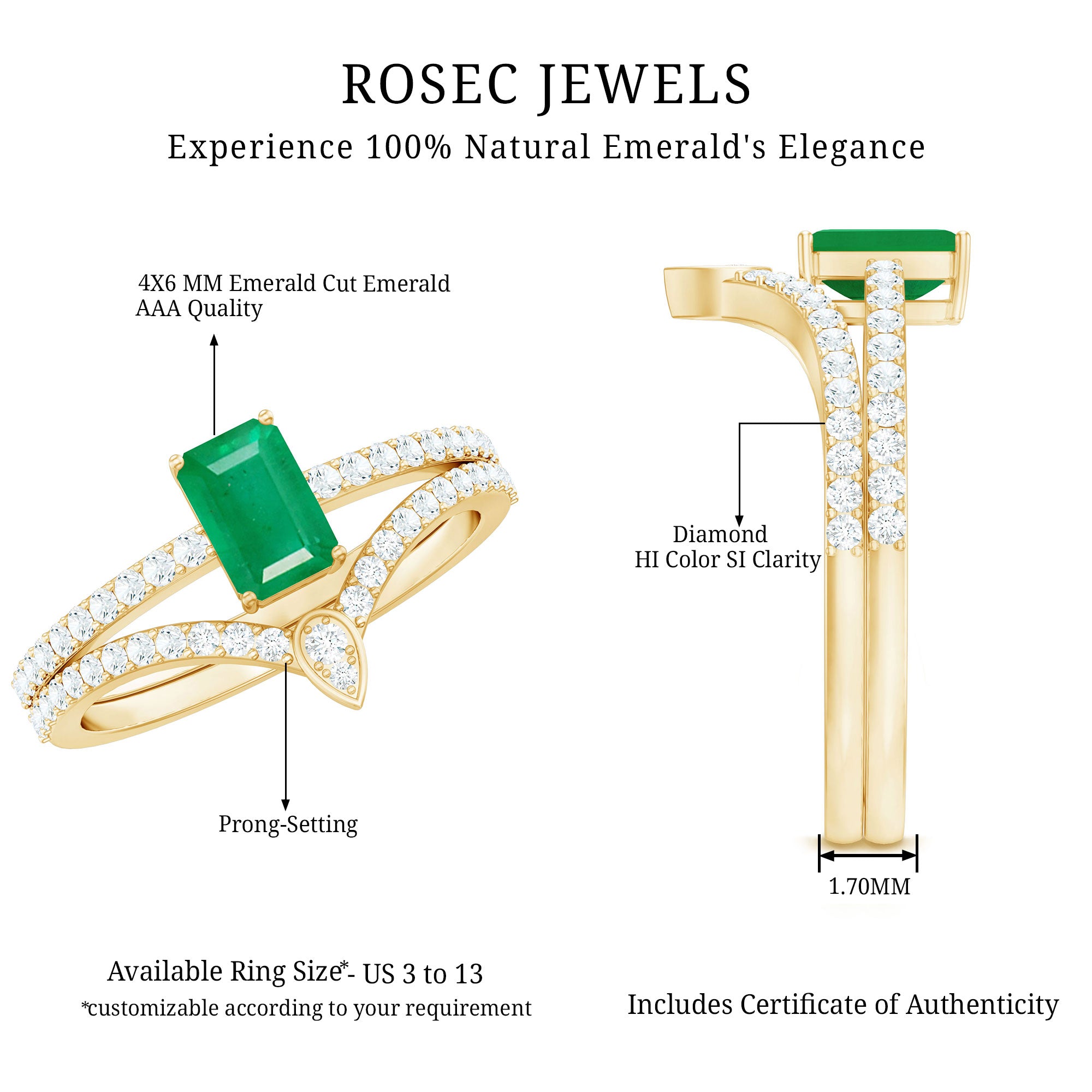Rosec Jewels-Certified Natural Emerald Diamond Emerald Cut Engagement Ring Wedding Band Set