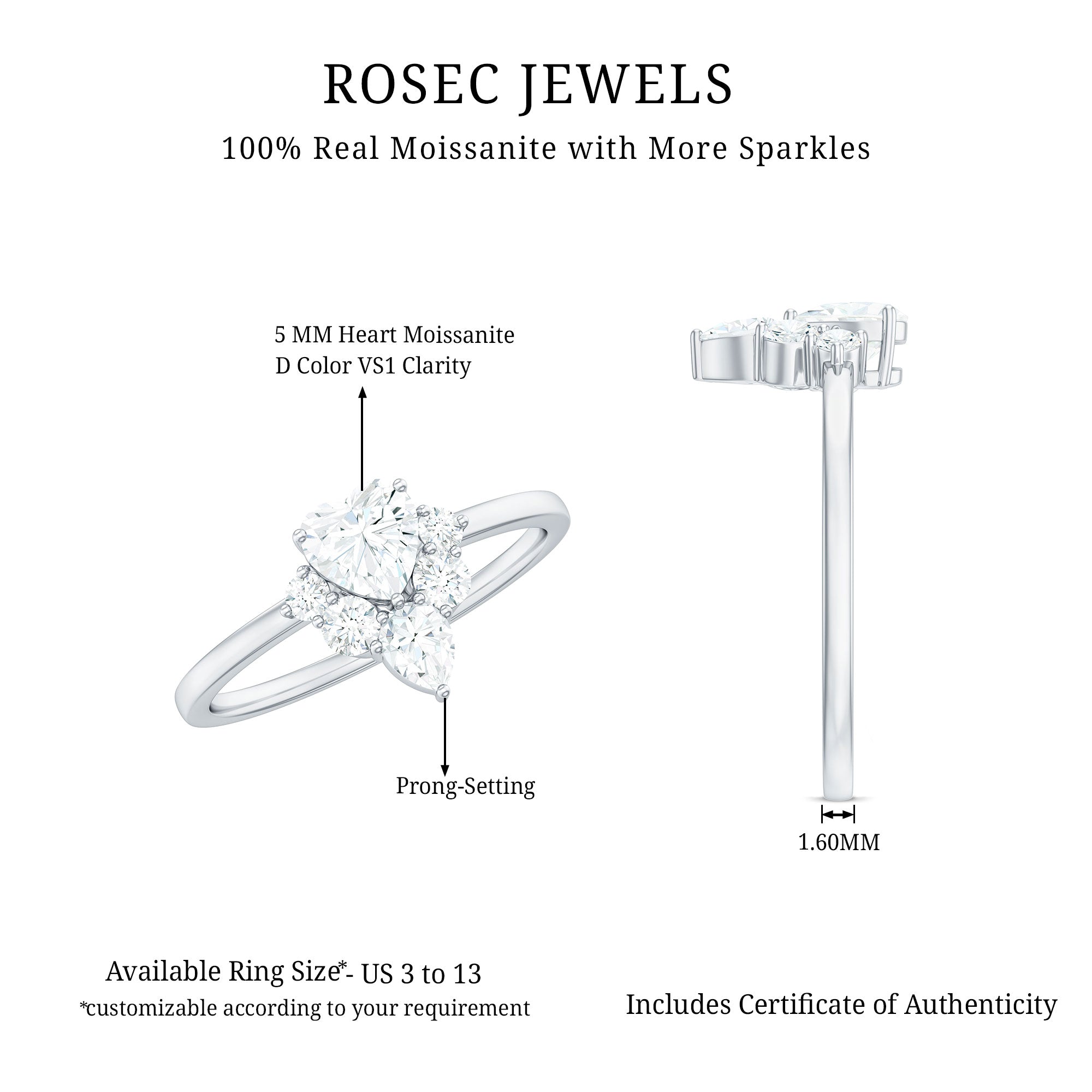 Rosec Jewels-Certified Moissanite Heart Promise Ring with Accent