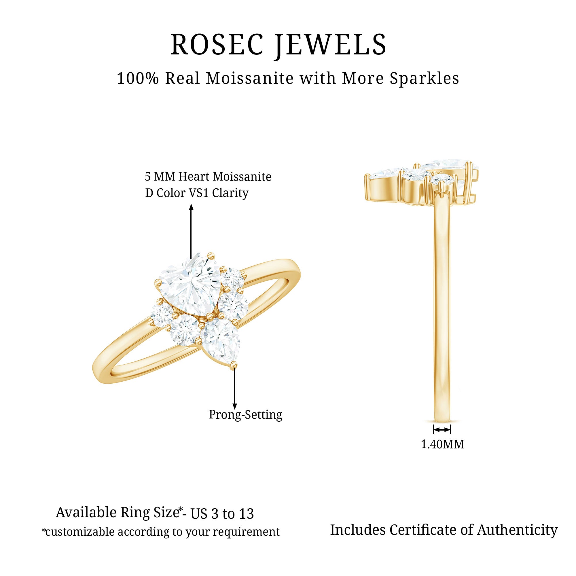 Rosec Jewels-Certified Moissanite Heart Promise Ring with Accent